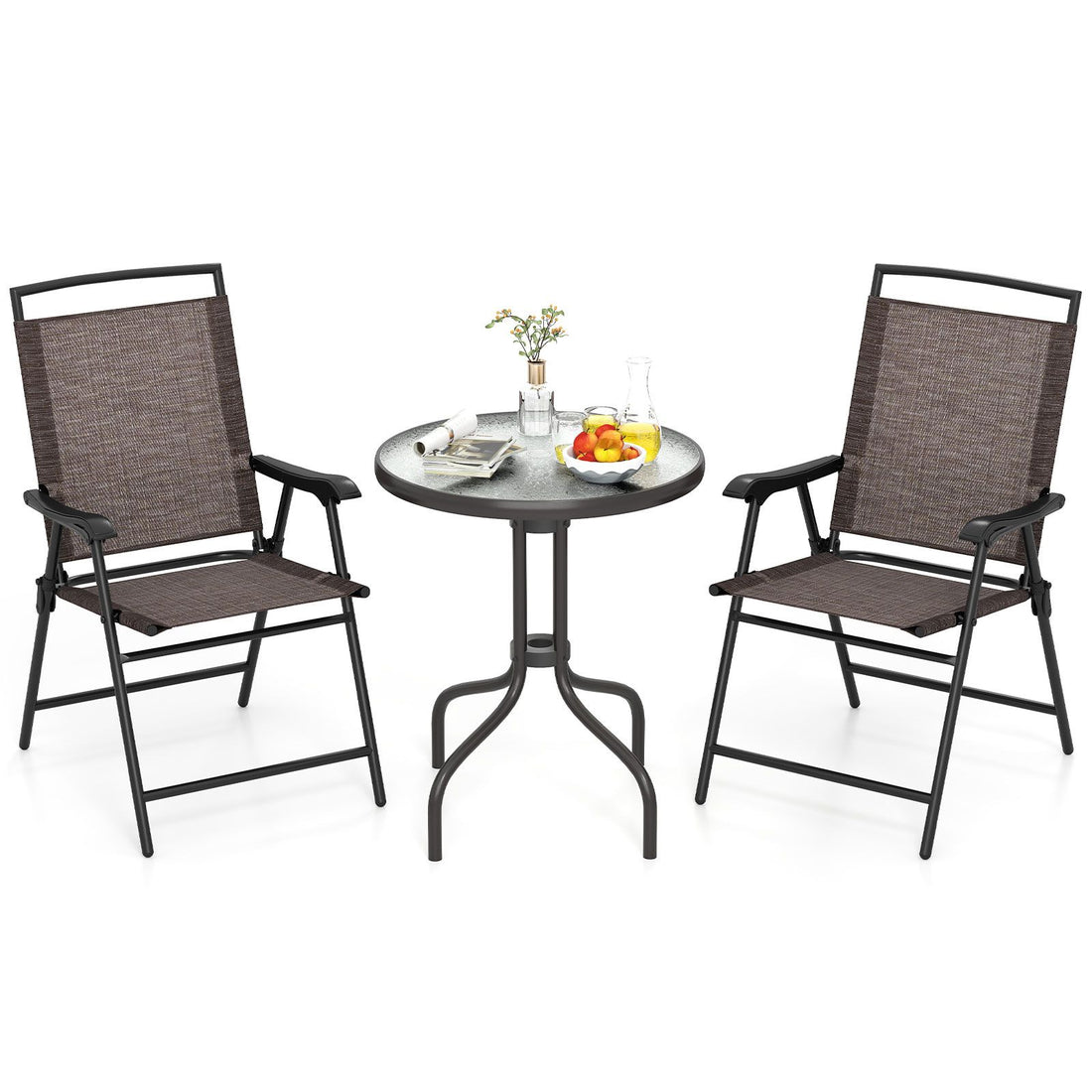 3 Pieces Patio Round Table and Folding Chairs Set with Rippled Tempered Glass Tabletop - Brown and Black