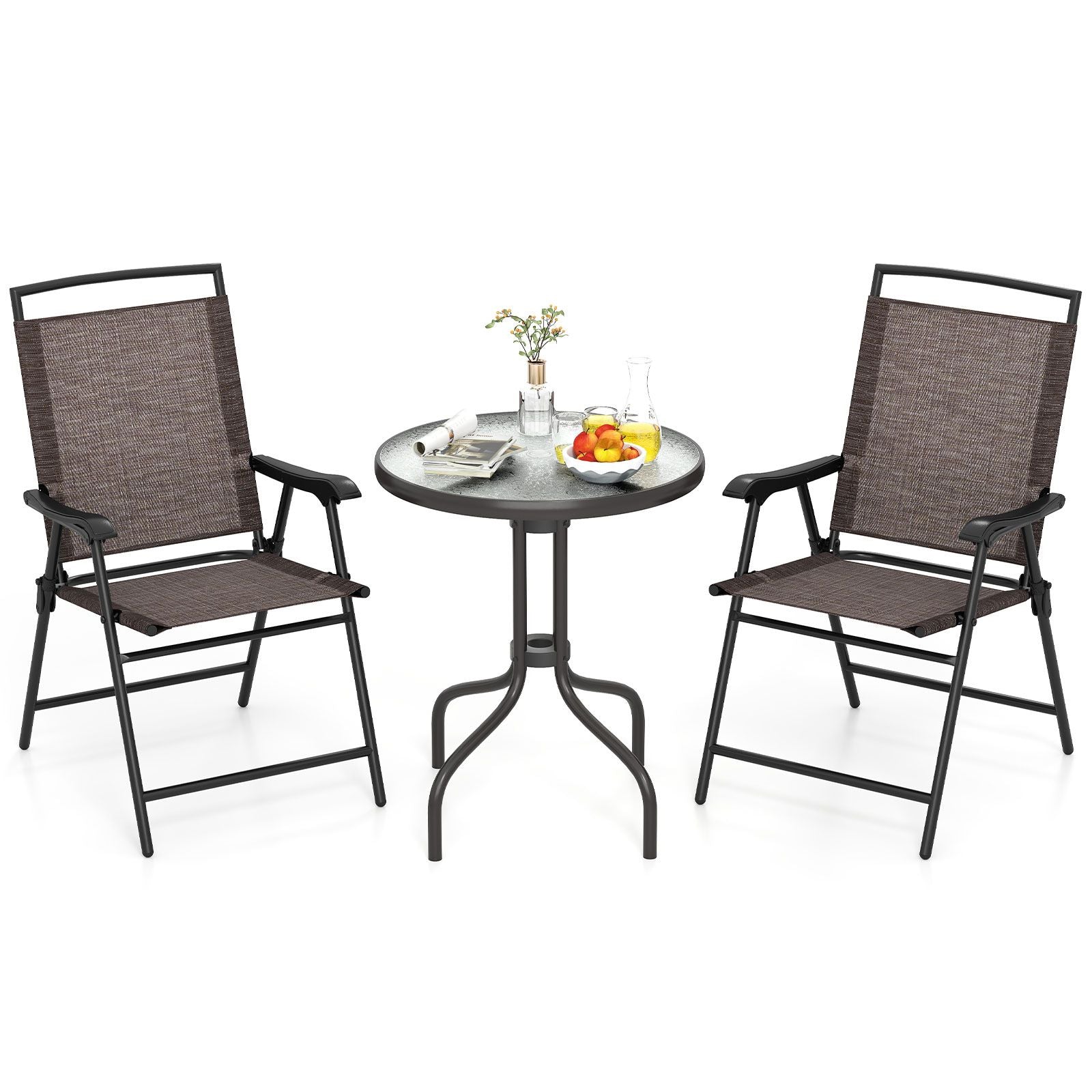 3 Pieces Patio Round Table and Folding Chairs Set with Rippled Tempered Glass Tabletop - Brown and Black