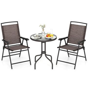 3 Pieces Patio Round Table and Folding Chairs Set with Rippled Tempered Glass Tabletop - Brown and Black