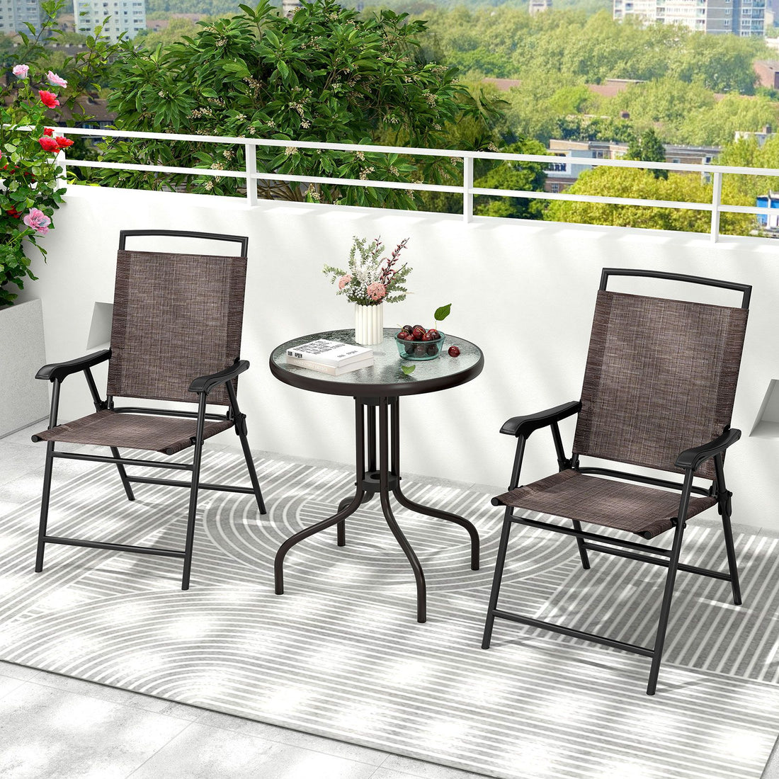 3 Pieces Patio Round Table and Folding Chairs Set with Rippled Tempered Glass Tabletop - Brown and Black