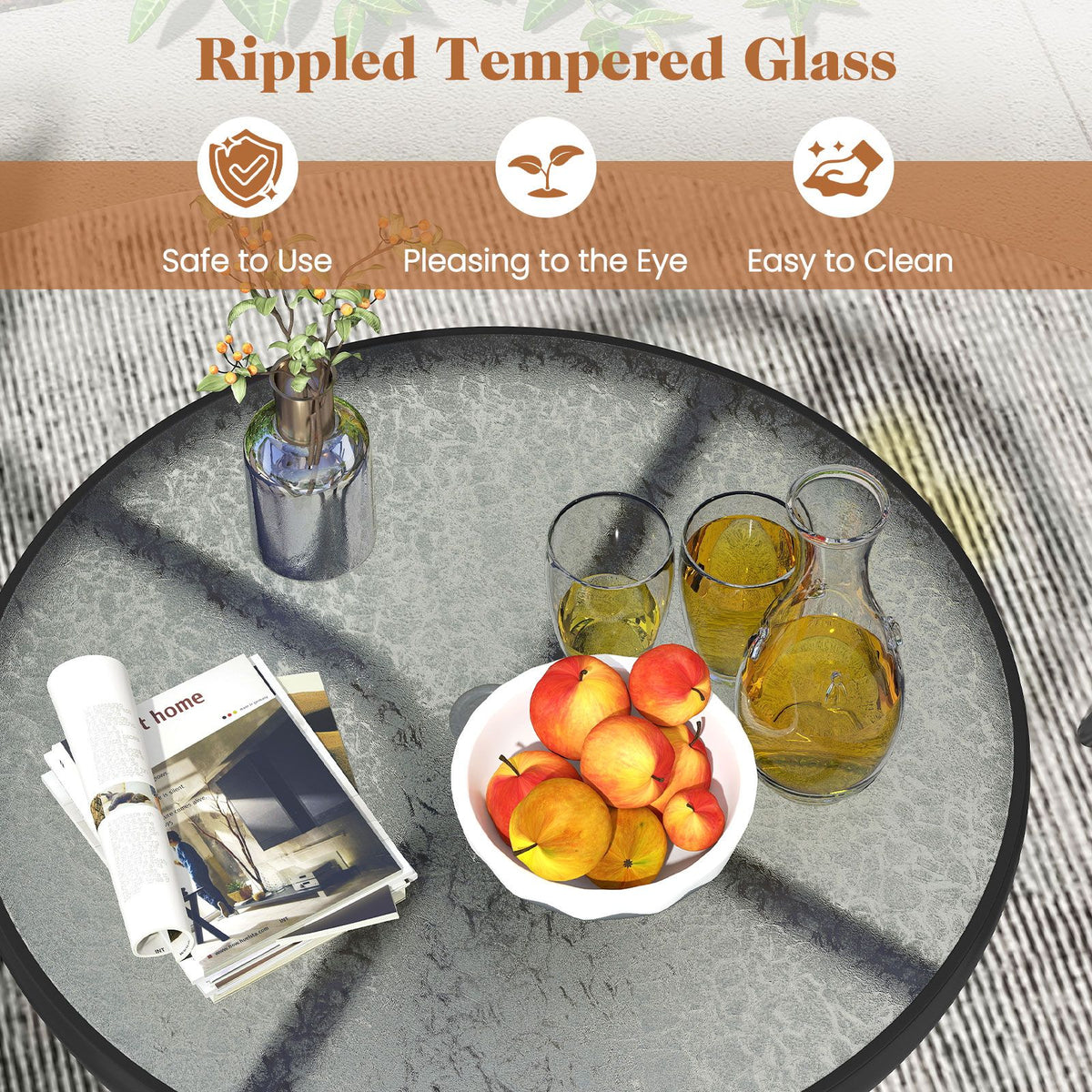 3 Pieces Patio Round Table and Folding Chairs Set with Rippled Tempered Glass Tabletop