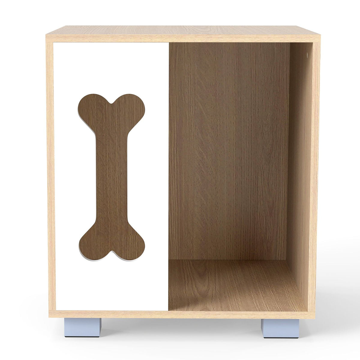 Dog Bed Side Table Wooden Dog Condo with Bone-shape Window and Thick Metal Legs