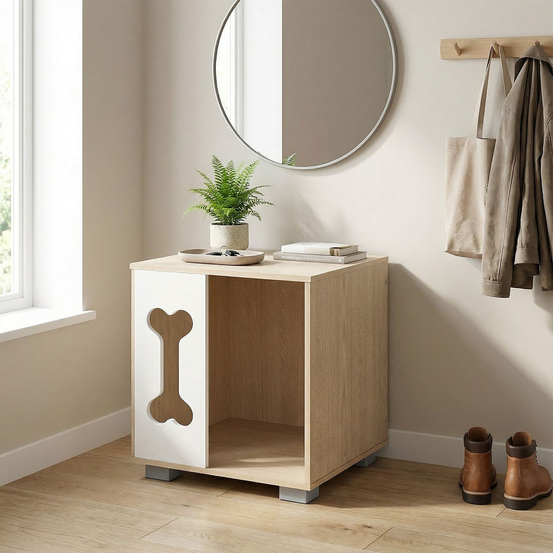 Dog Bed Side Table Wooden Dog Condo with Bone-shape Window and Thick Metal Legs - Natural