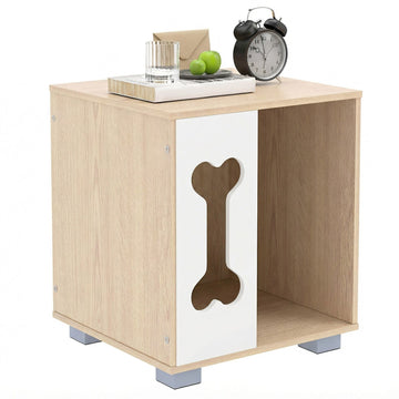 Dog Bed Side Table Wooden Dog Condo with Bone-shape Window and Thick Metal Legs - Natural