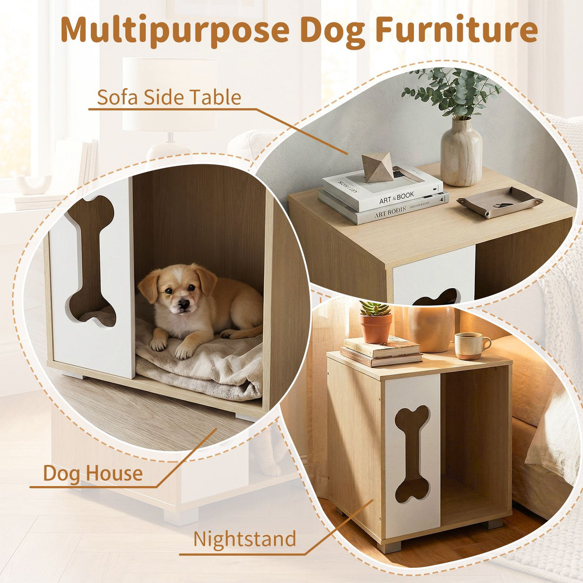 Dog Bed Side Table Wooden Dog Condo with Bone-shape Window and Thick Metal Legs