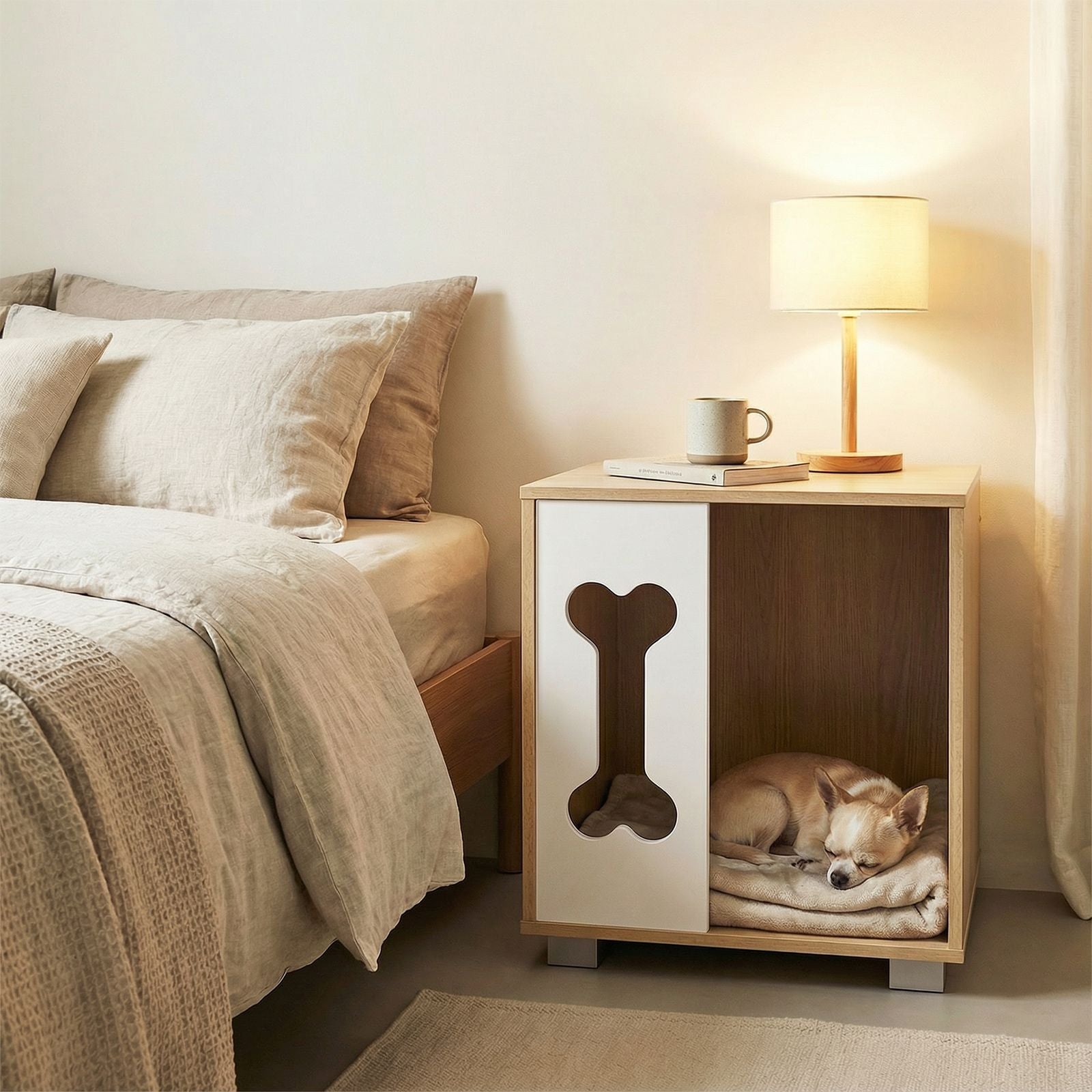 Dog Bed Side Table Wooden Dog Condo with Bone-shape Window and Thick Metal Legs