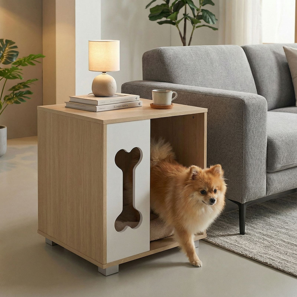 Dog Bed Side Table Wooden Dog Condo with Bone-shape Window and Thick Metal Legs