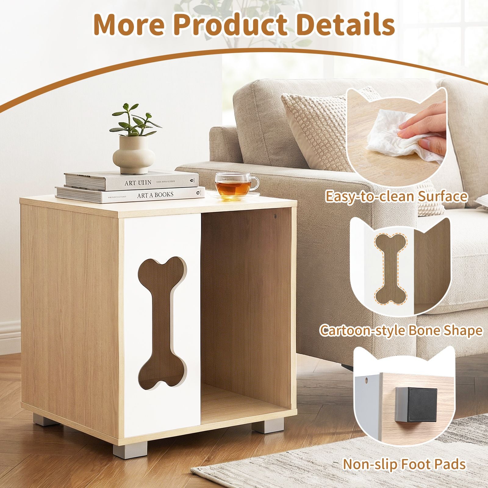 Dog Bed Side Table Wooden Dog Condo with Bone-shape Window and Thick Metal Legs