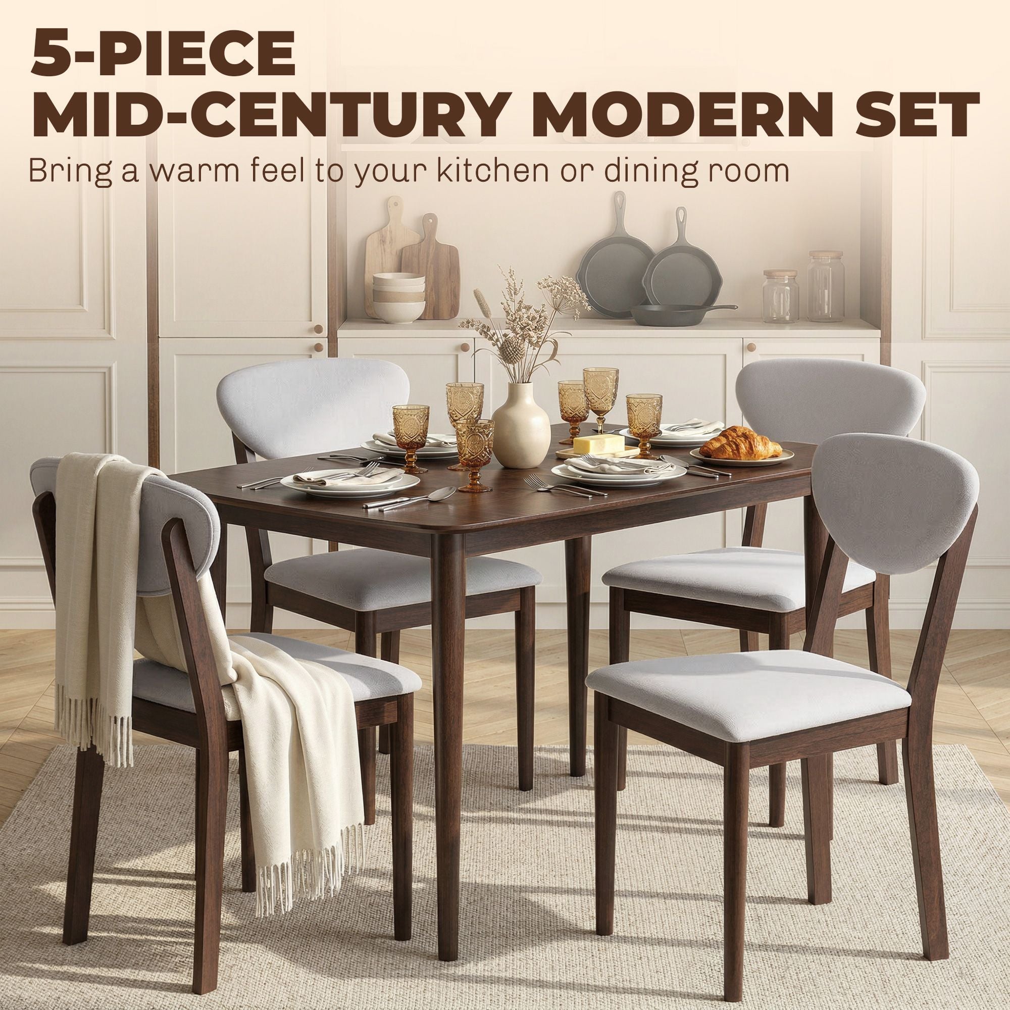 HOMCOM 5-Piece Dining Table and Chair Set for 4, Light Gray
