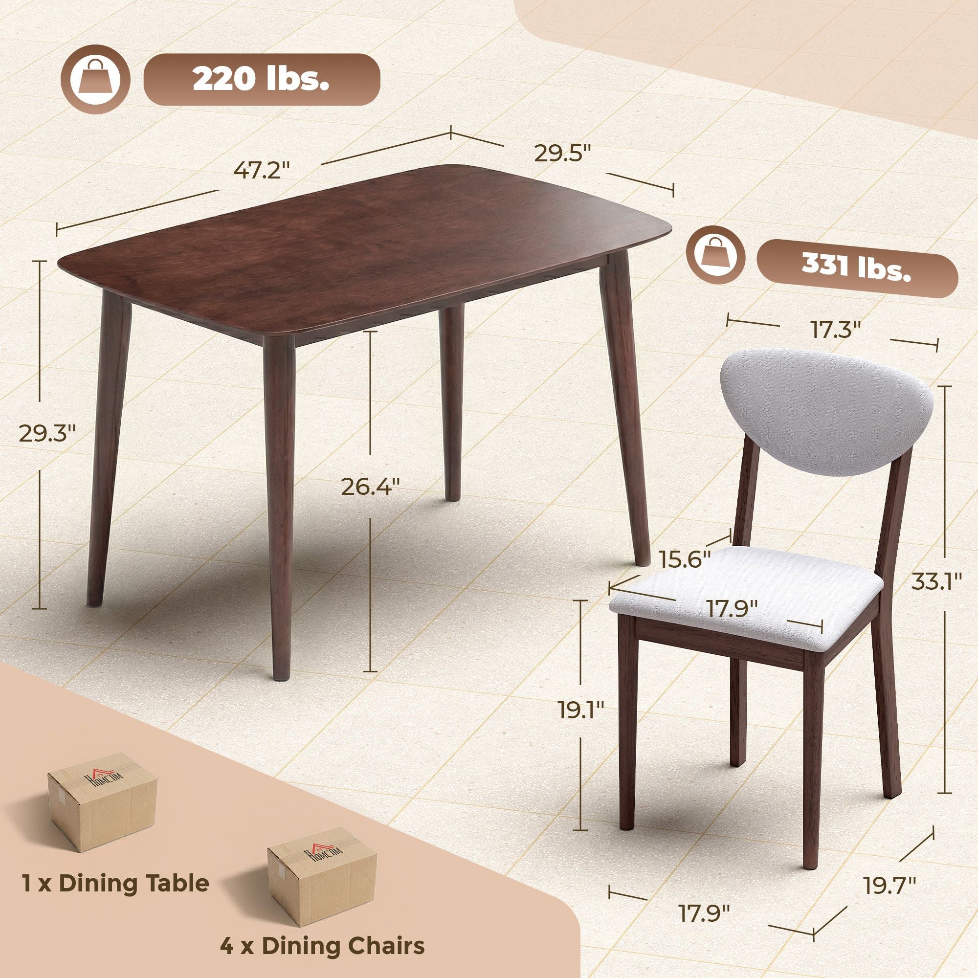 HOMCOM 5-Piece Dining Table and Chair Set for 4, Light Gray