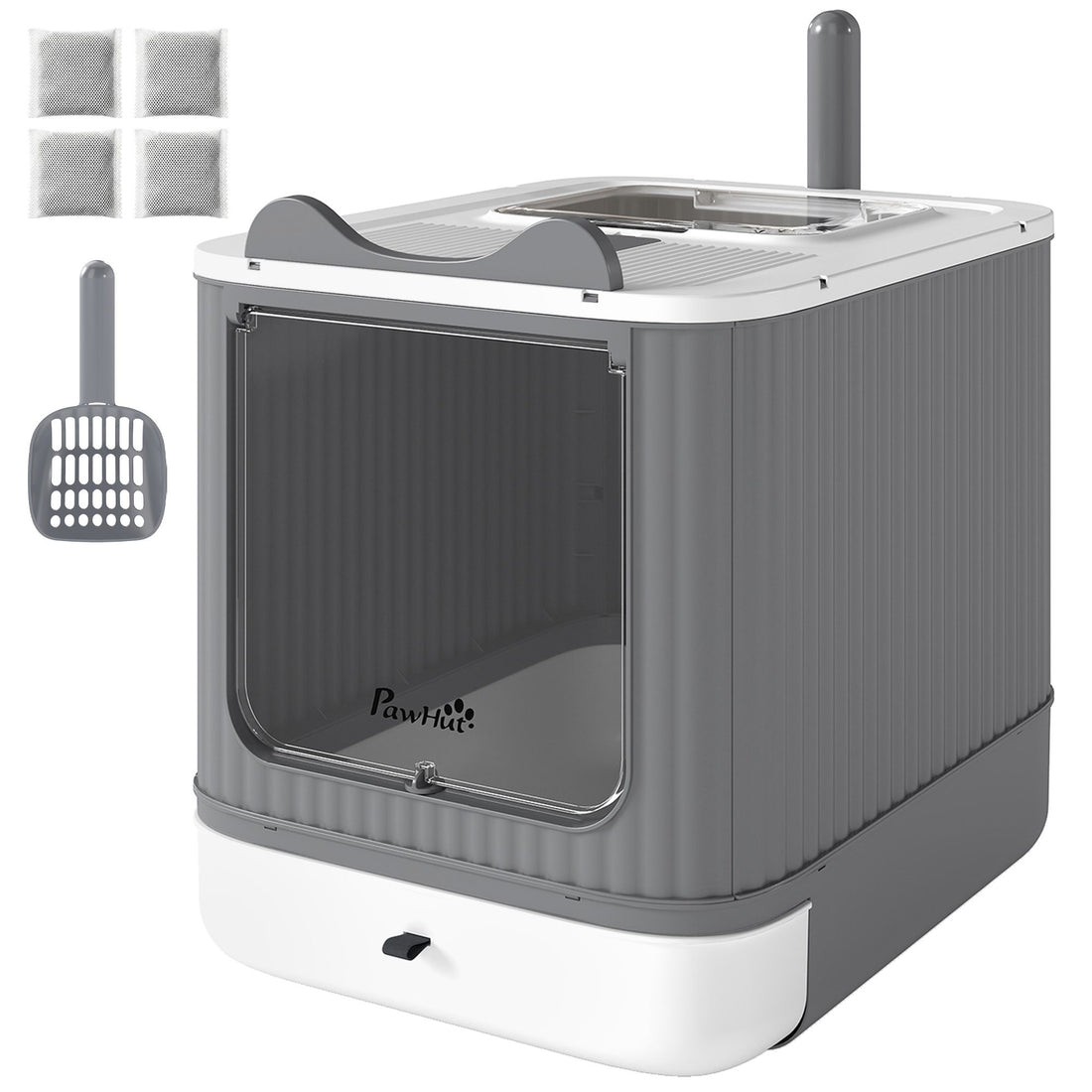 PawHut Enclosed Cat Litter Box with Top Exit and Scoop, White