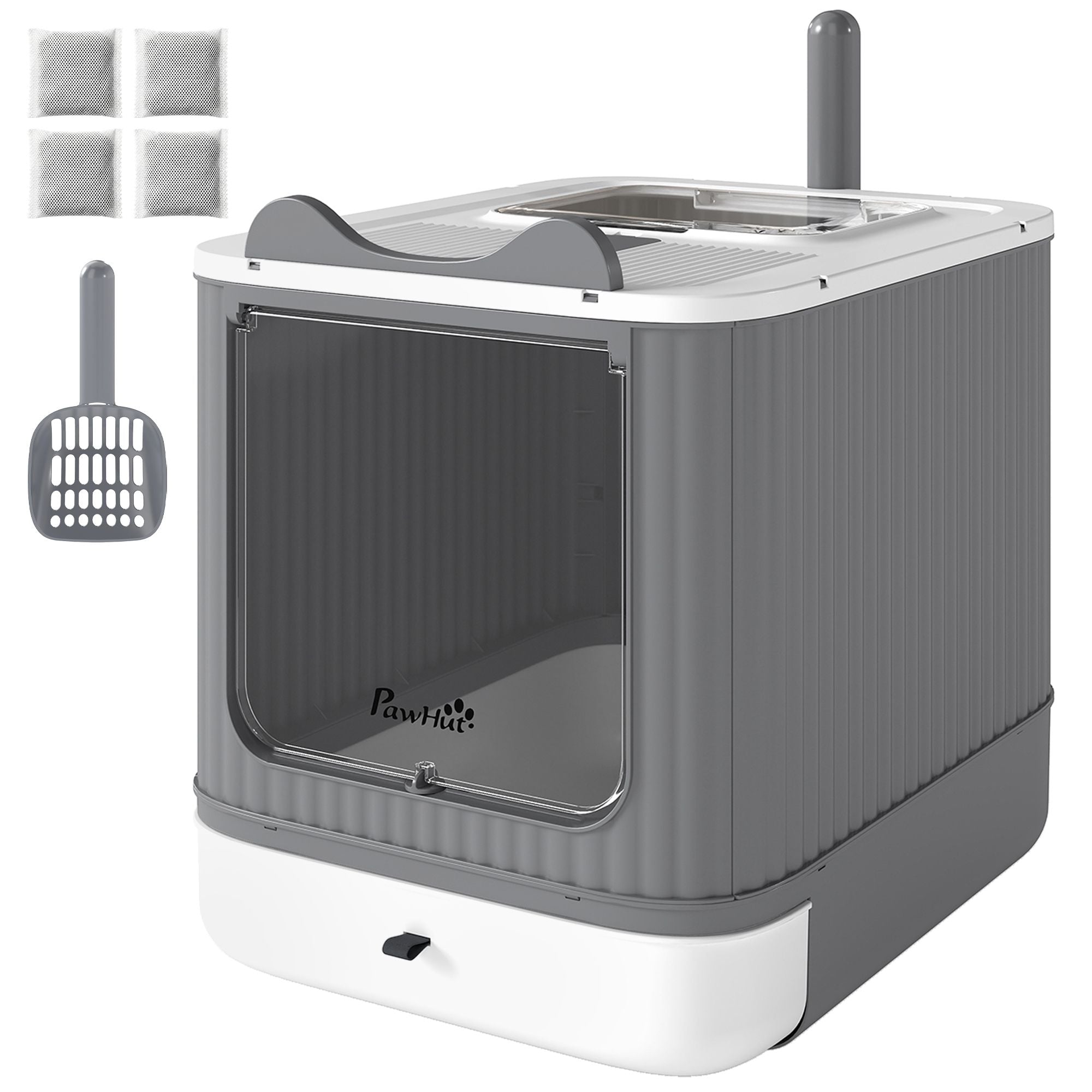 PawHut Enclosed Cat Litter Box with Top Exit and Scoop, White