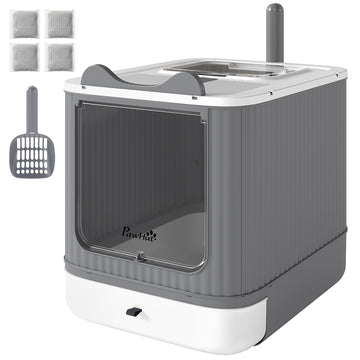 PawHut Enclosed Cat Litter Box with Top Exit and Scoop, White