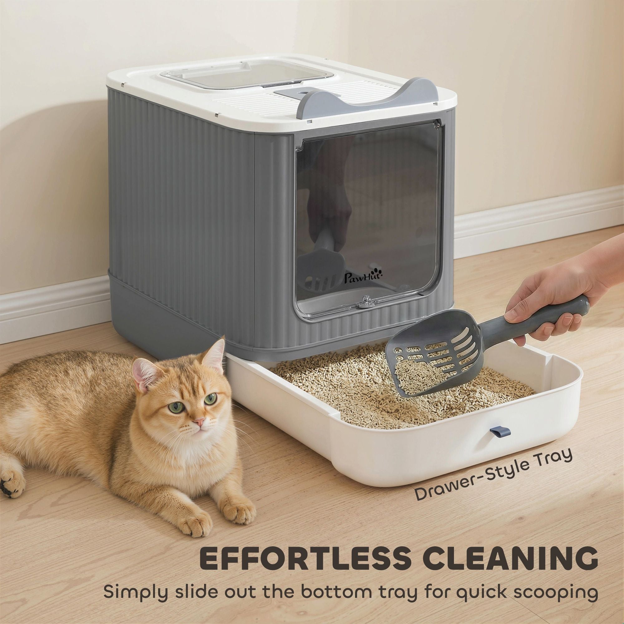 PawHut Enclosed Cat Litter Box with Top Exit and Scoop, White