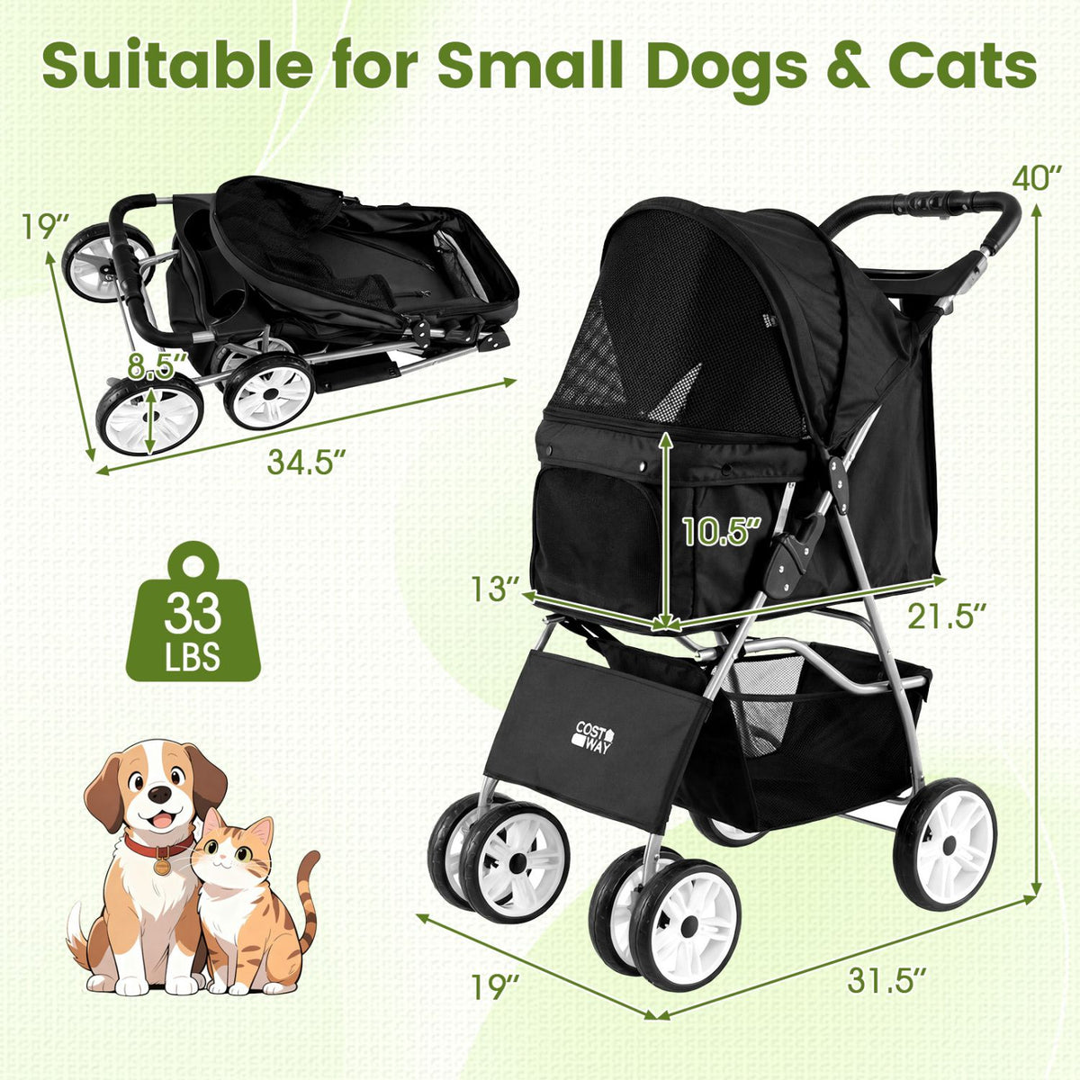 4 Wheel Pet Stroller for Small Dogs Cats up to 33 LBS