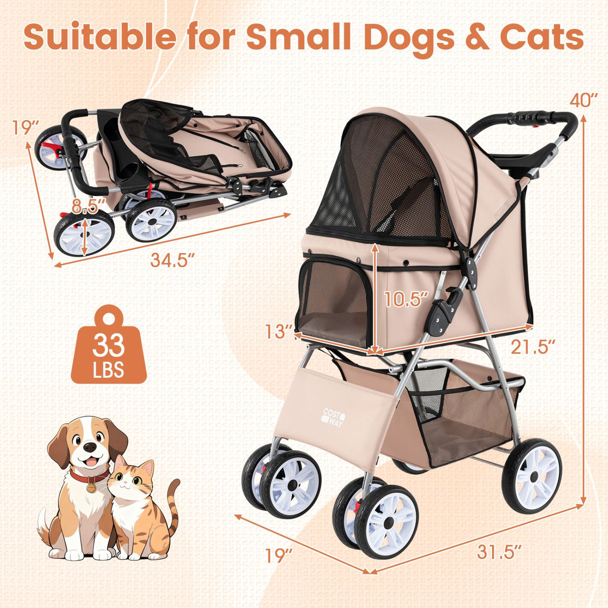 4 Wheel Pet Stroller for Small Dogs Cats up to 33 LBS