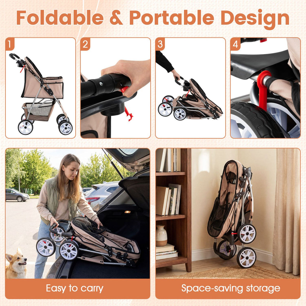 4 Wheel Pet Stroller for Small Dogs Cats up to 33 LBS