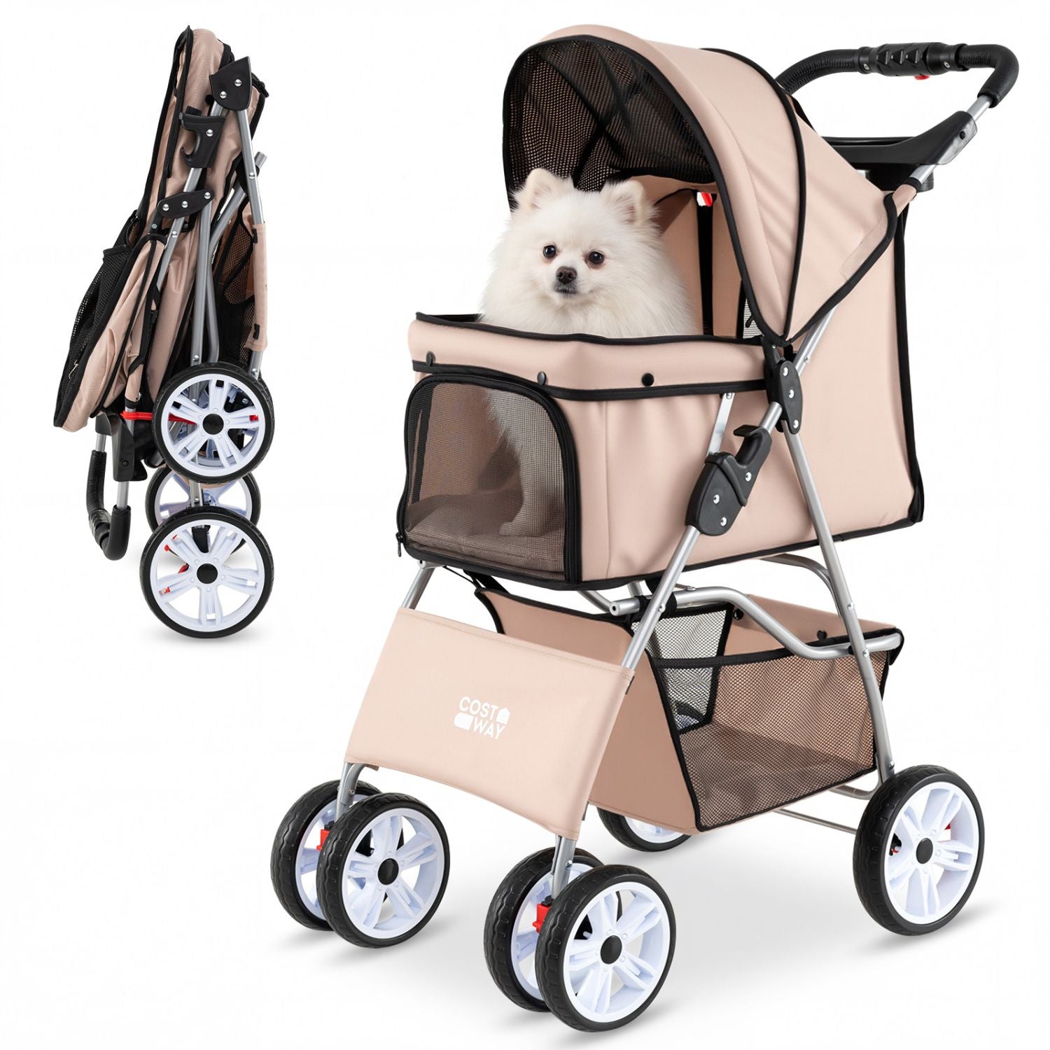 4 Wheel Pet Stroller for Small Dogs Cats up to 33 LBS - Beige