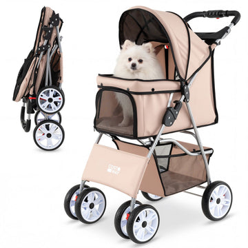 4 Wheel Pet Stroller for Small Dogs Cats up to 33 LBS - Beige