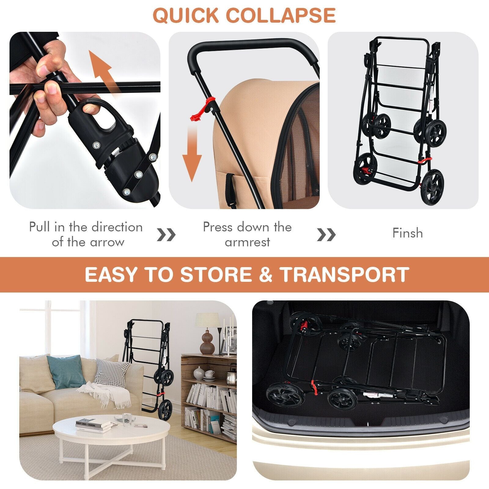 4-in-1 Double Pet Stroller with Detachable Carrier and Travel Carriage