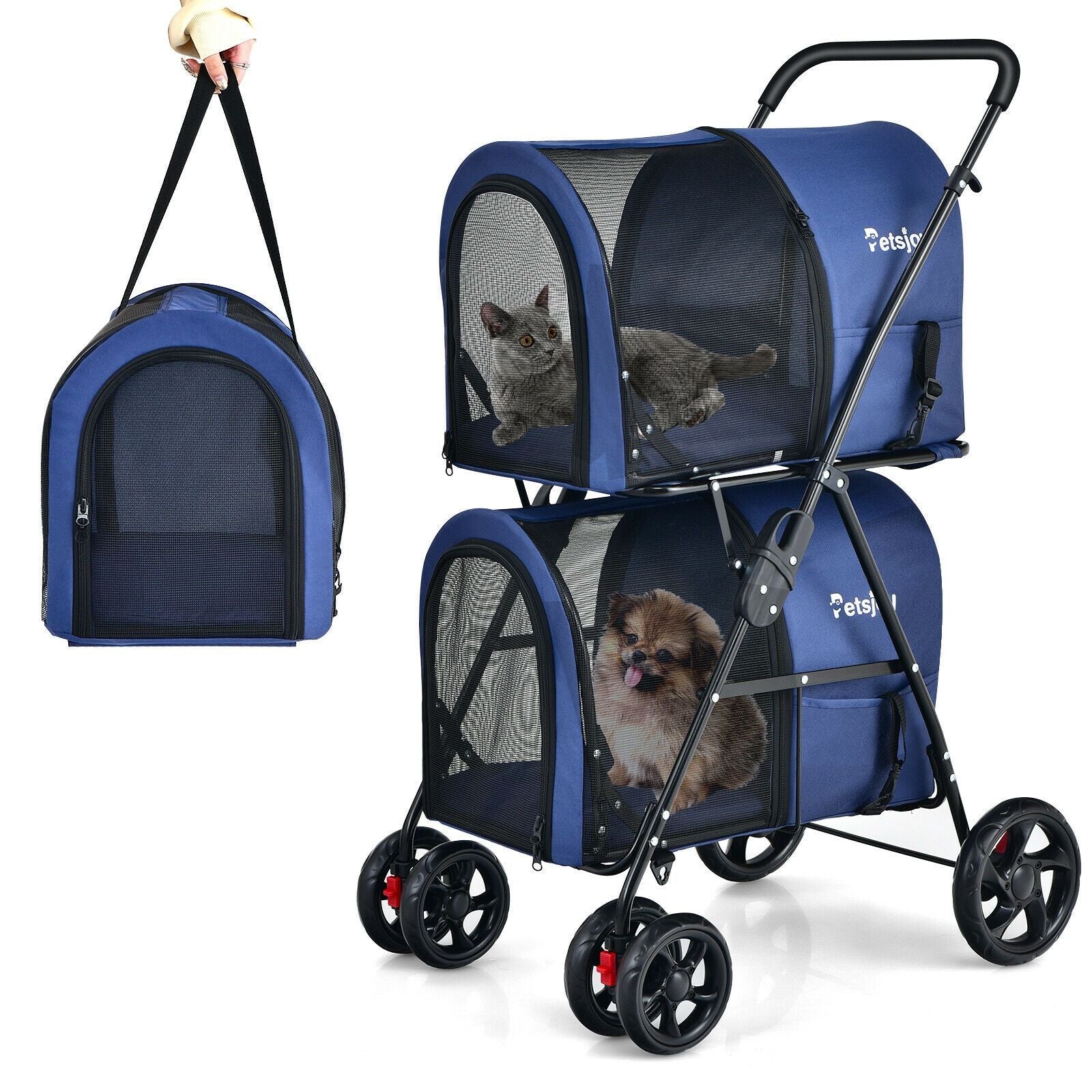 4-in-1 Double Pet Stroller with Detachable Carrier and Travel Carriage - Blue