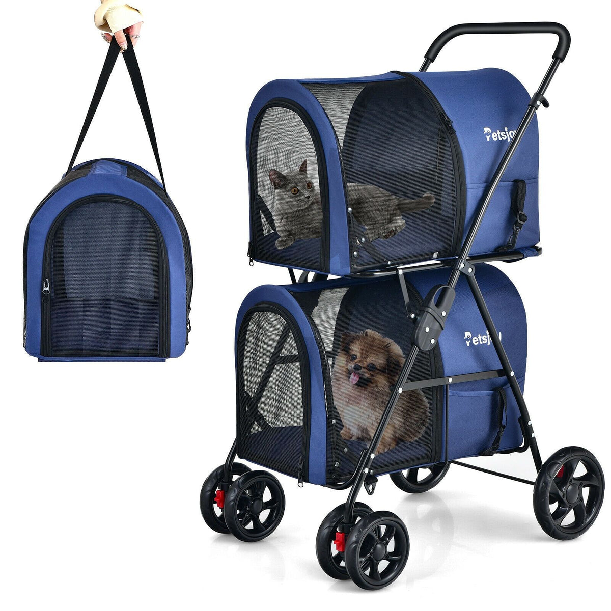 4-in-1 Double Pet Stroller with Detachable Carrier and Travel Carriage - Blue