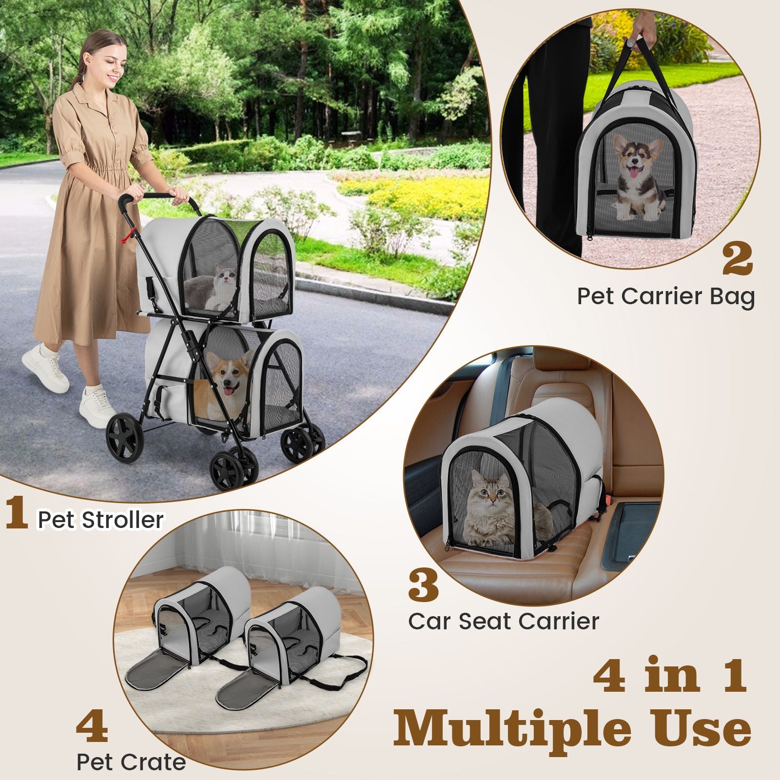 4-in-1 Double Pet Stroller with Detachable Carrier and Travel Carriage