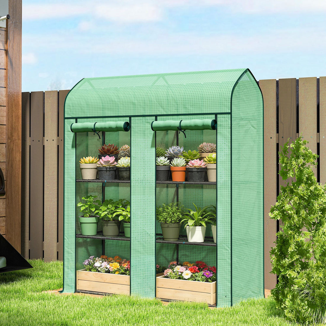 Outsunny 3-Tier Mini Portable Greenhouse with 2 Roll-Up Doors, Green