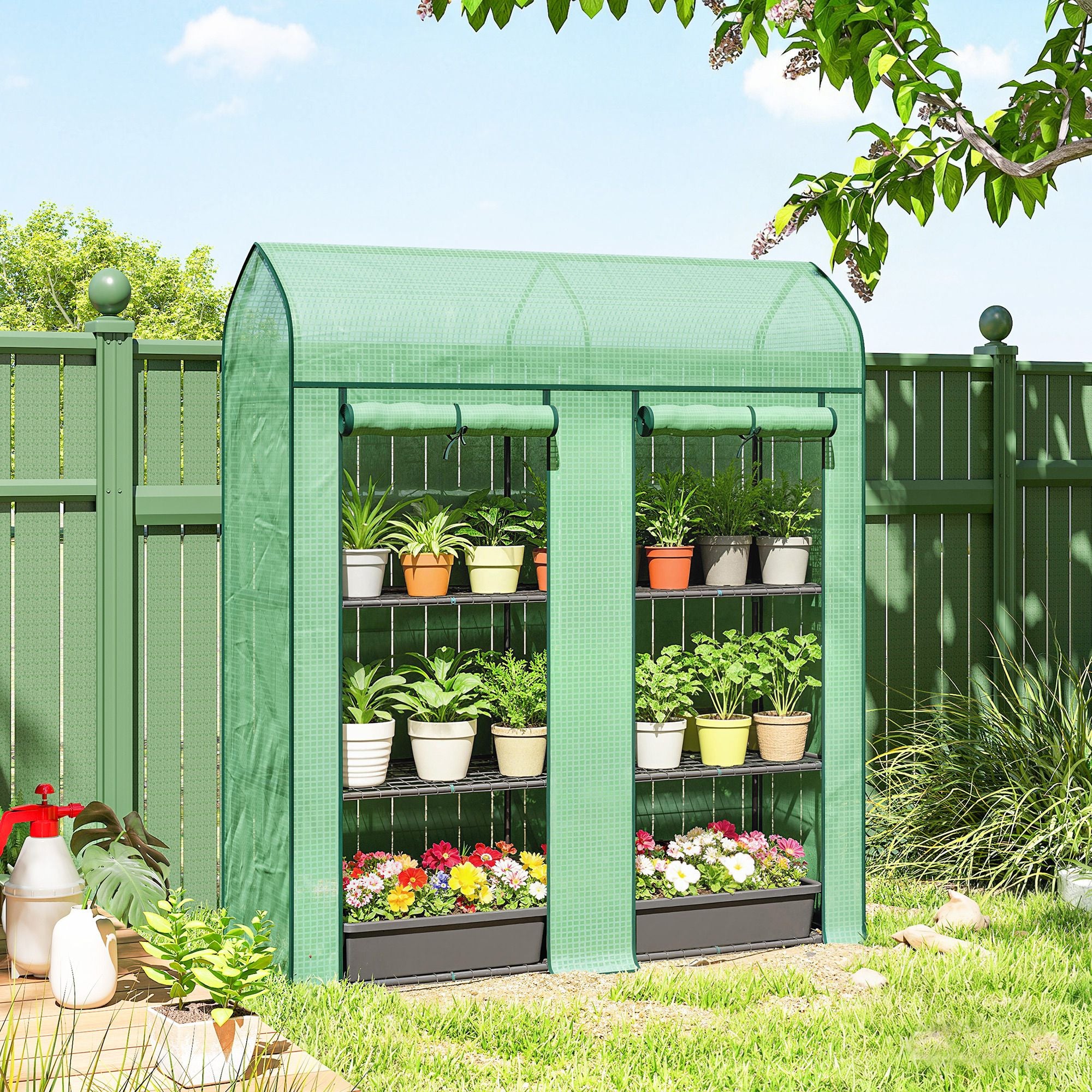 Outsunny 3-Tier Mini Portable Greenhouse with 2 Roll-Up Doors, Green
