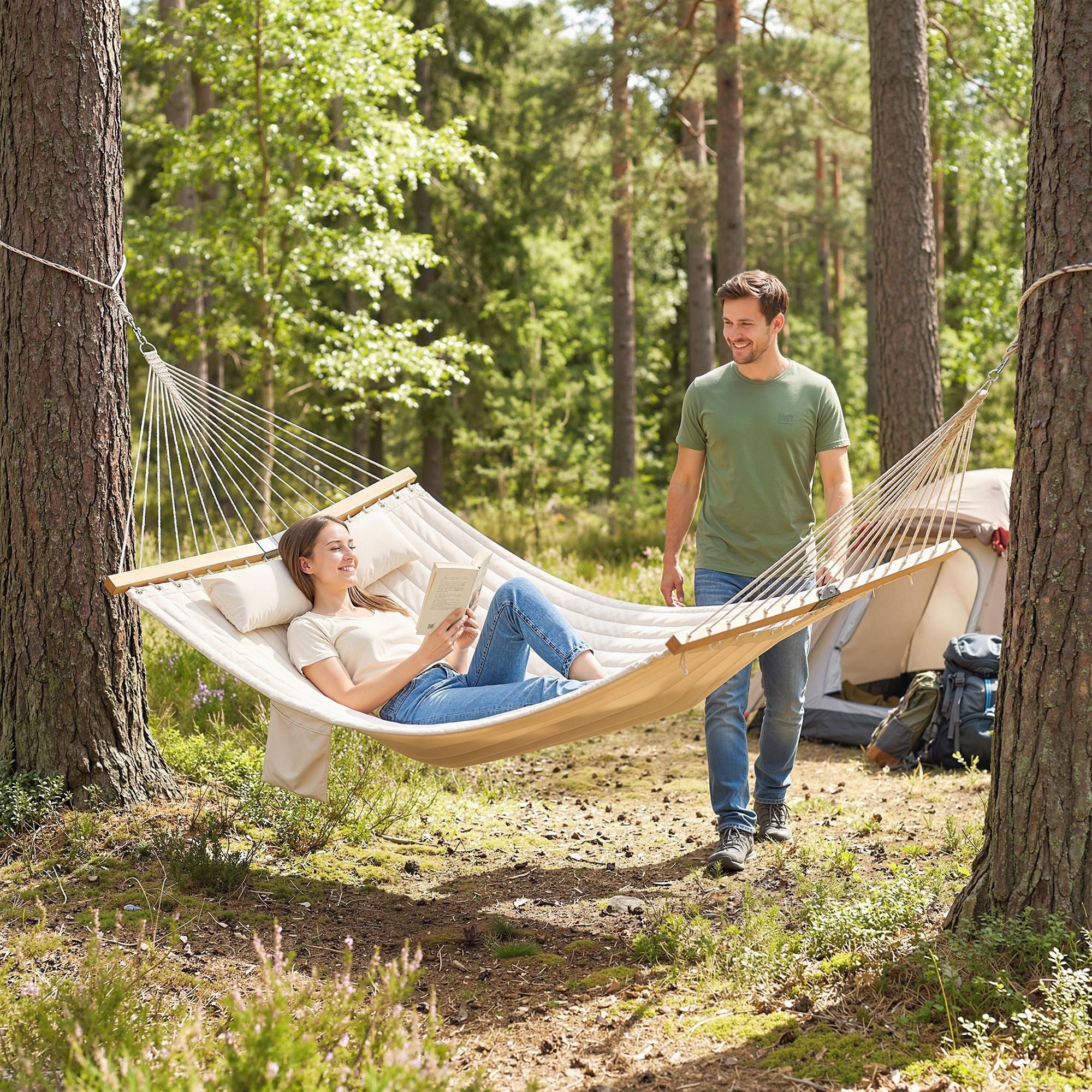 Outsunny 2-Person Outdoor Hammock with Pillow and Pad, Cream White