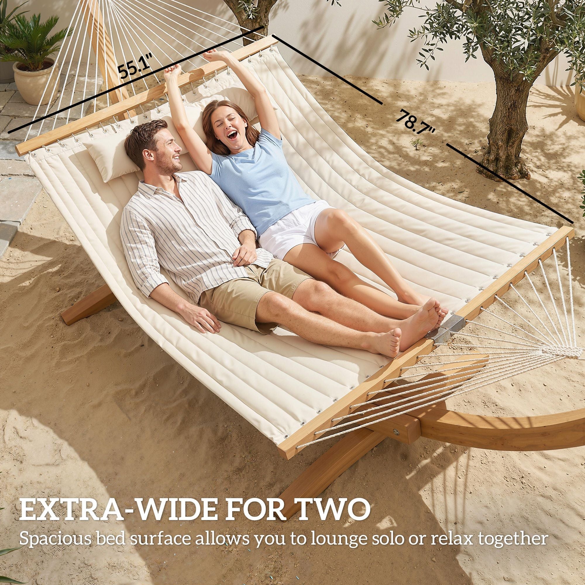 Outsunny 2-Person Outdoor Hammock with Pillow and Pad, Cream White