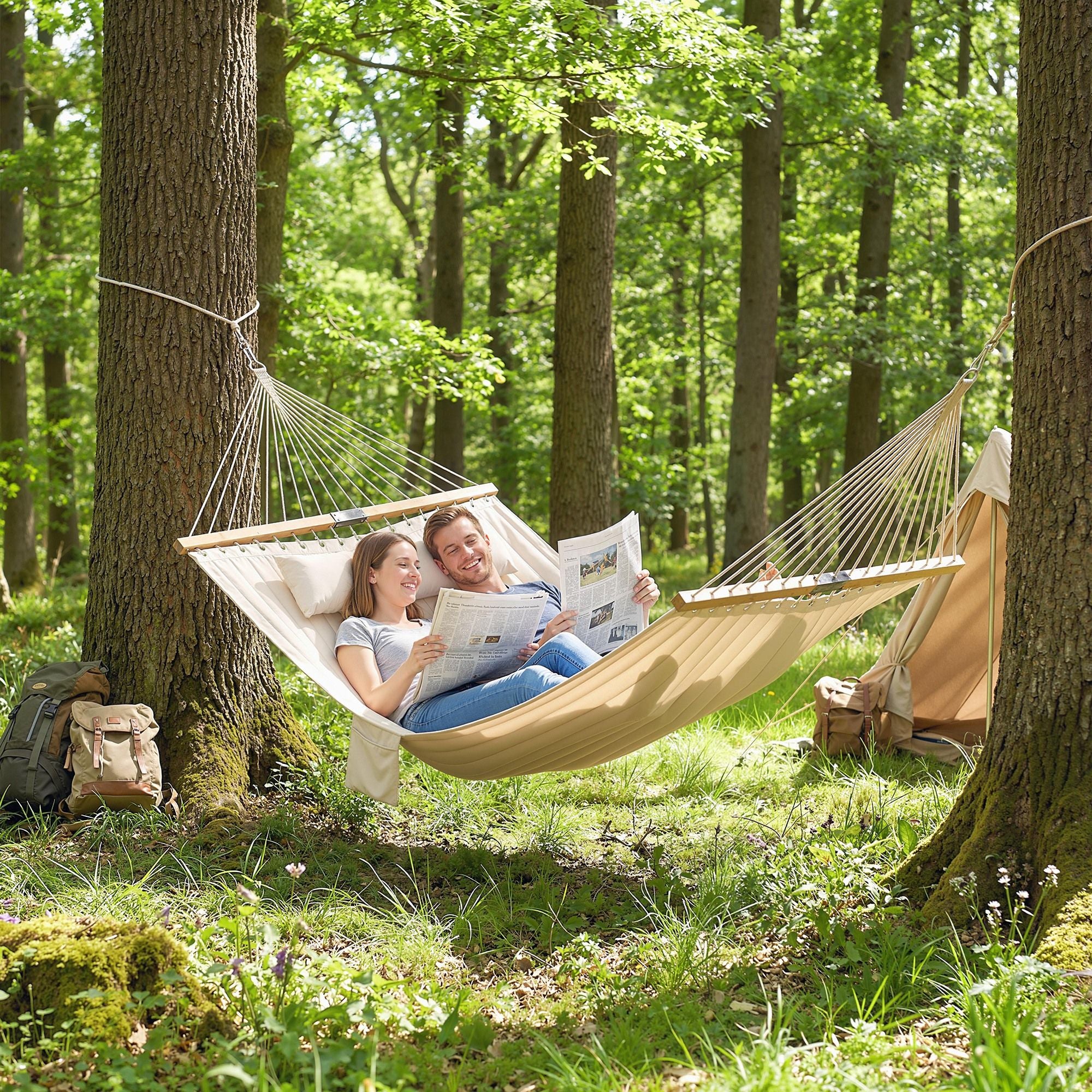 Outsunny 2-Person Outdoor Hammock with Pillow and Pad, Cream White