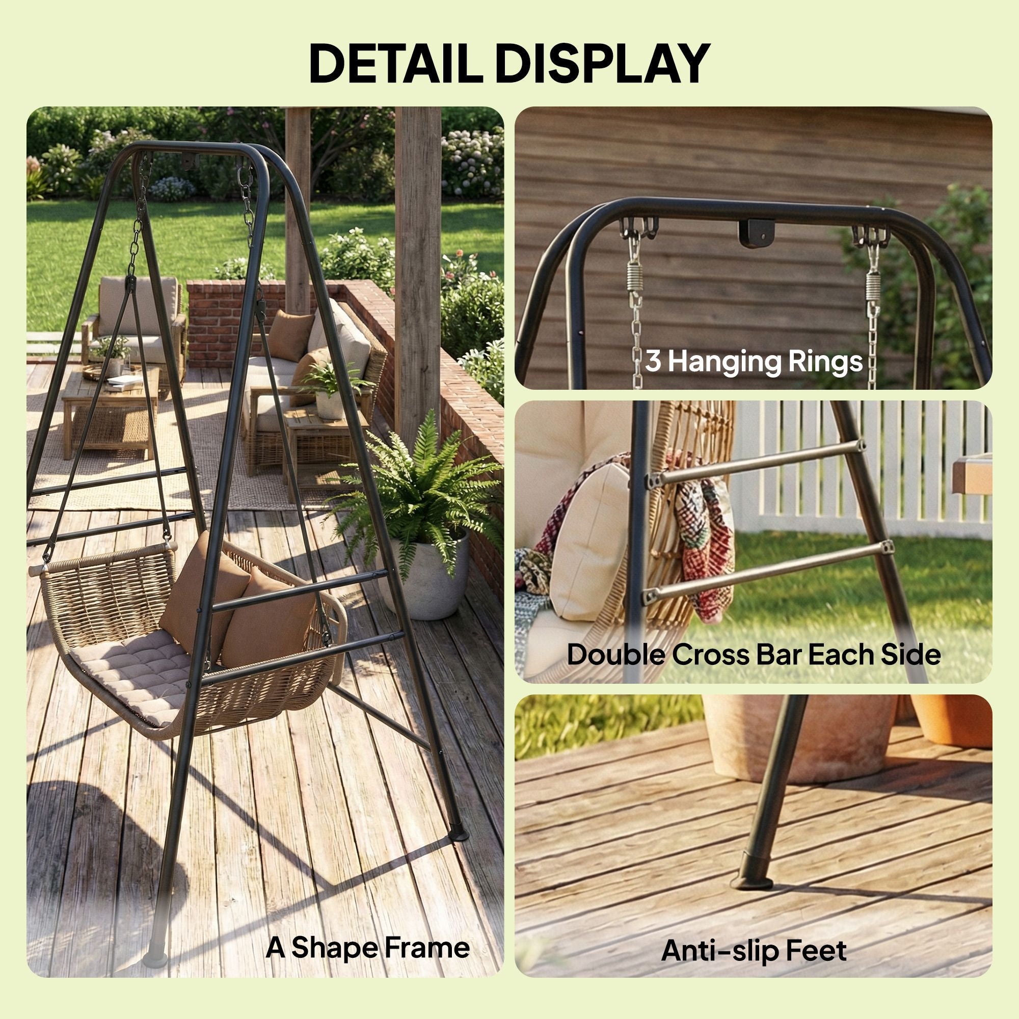 Outsunny Hammock Chair Stand with Carabiners and Anti-Slip Feet, Black