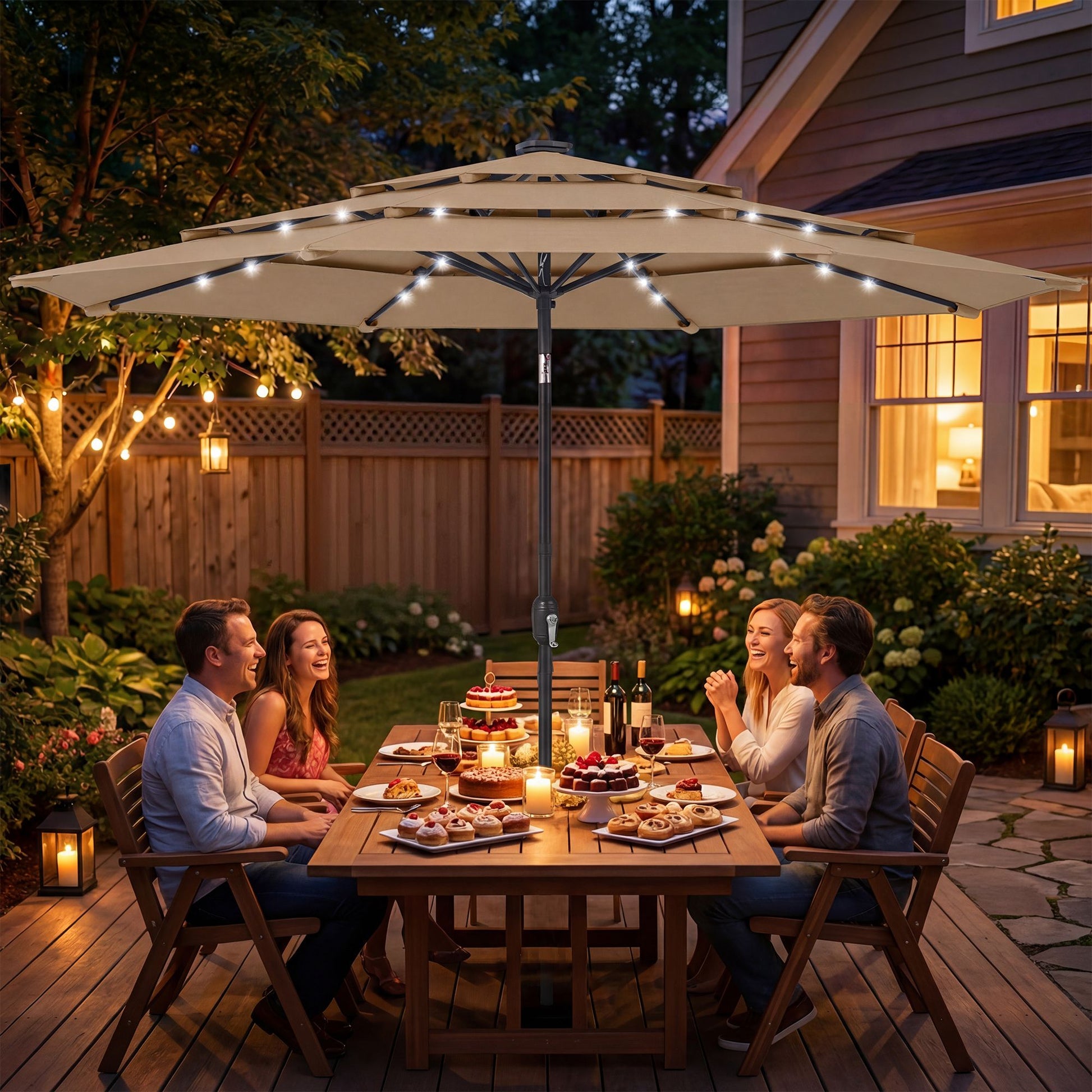 Outsunny 9.7 ft 3-Tier Solar LED Patio Umbrella with Tilt, Khaki