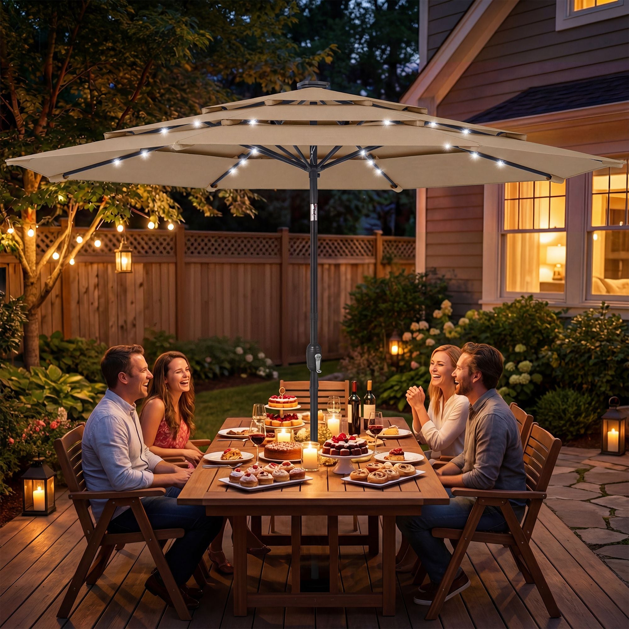 Outsunny 9.7 ft 3-Tier Solar LED Patio Umbrella with Tilt, Khaki