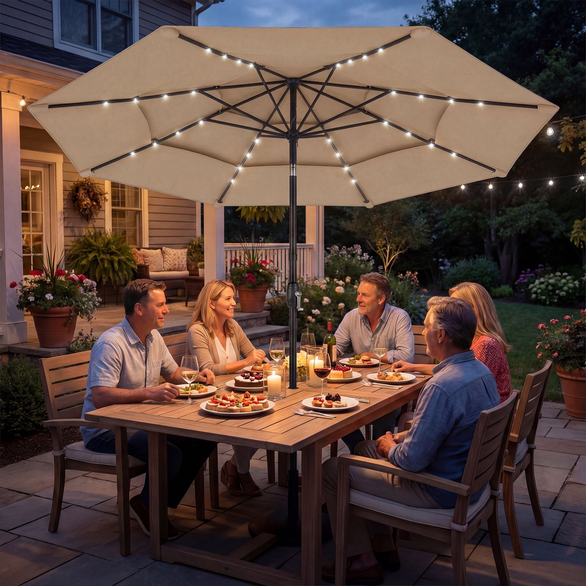 Outsunny 9.7 ft 3-Tier Solar LED Patio Umbrella with Tilt, Khaki