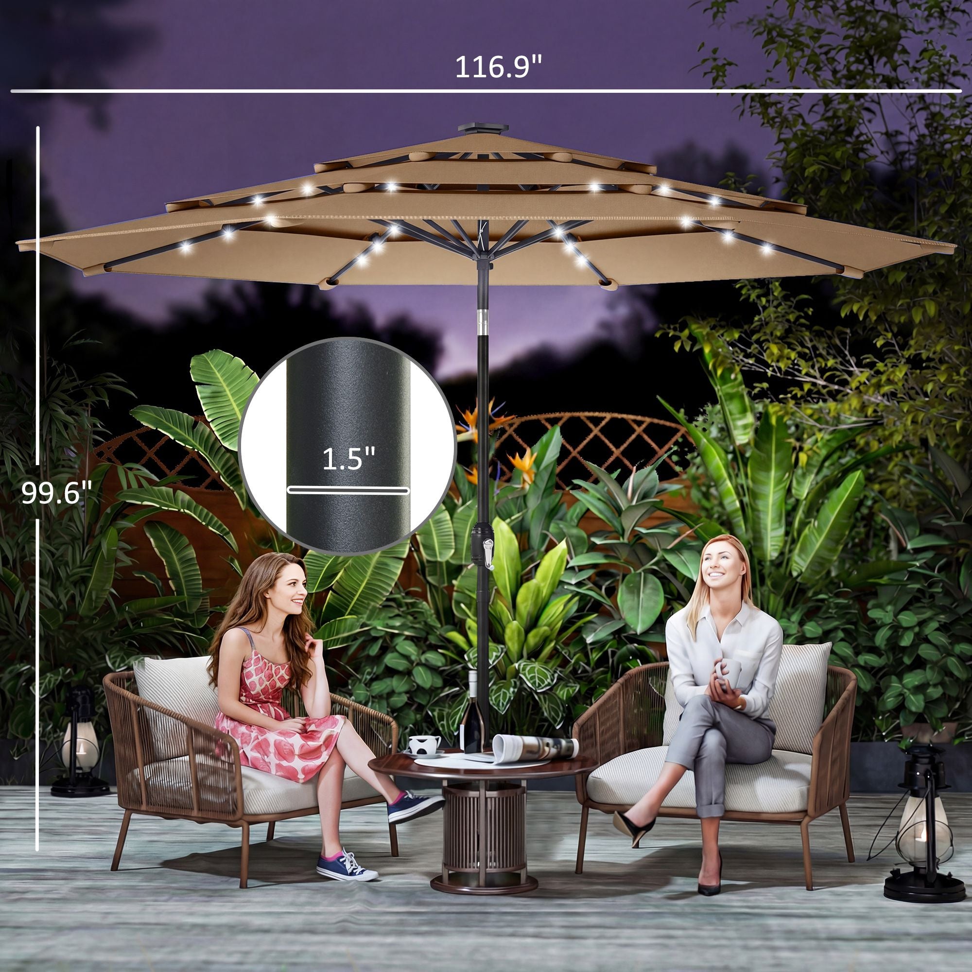 Outsunny 9.7 ft 3-Tier Solar LED Patio Umbrella with Tilt, Khaki