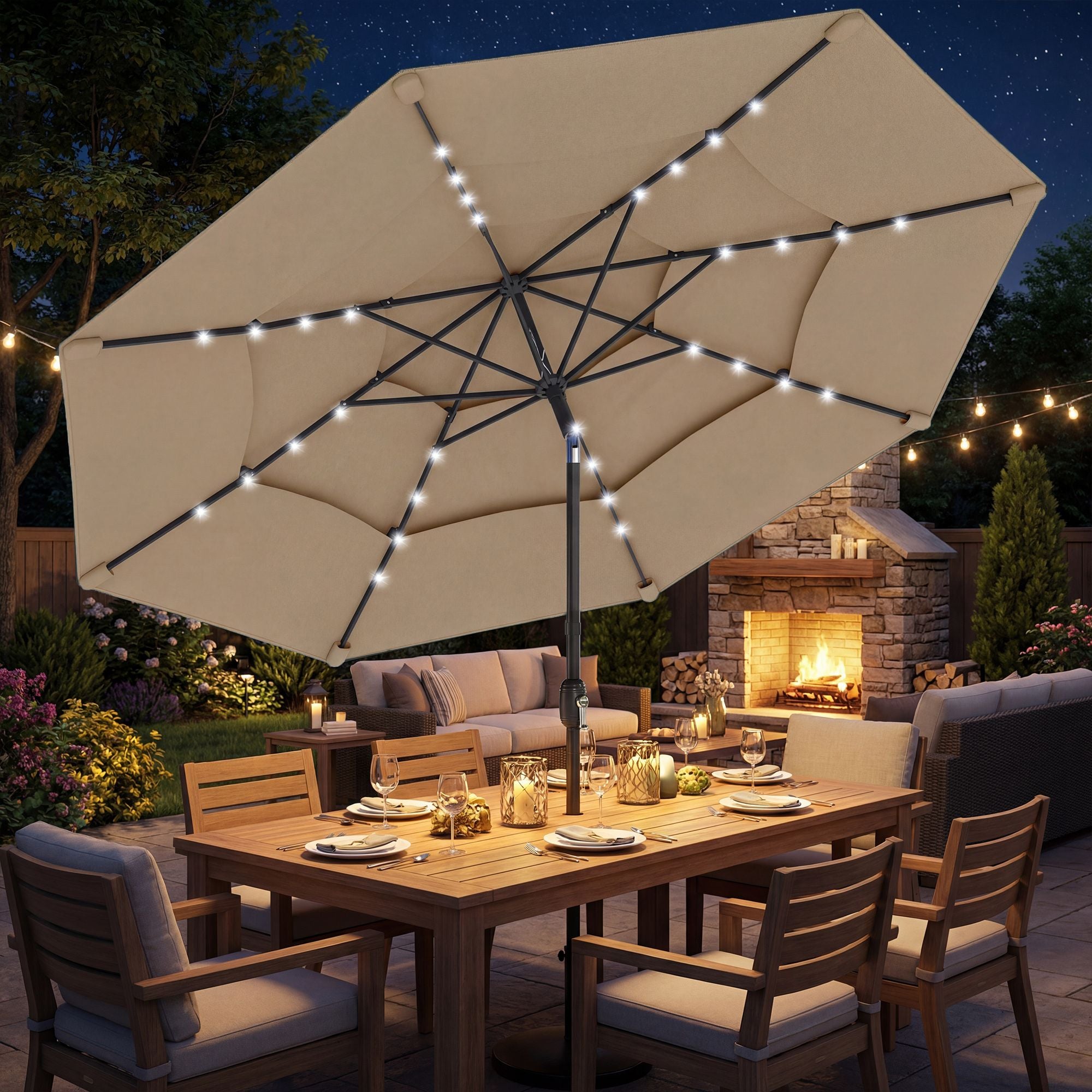 Outsunny 9.7 ft 3-Tier Solar LED Patio Umbrella with Tilt, Khaki