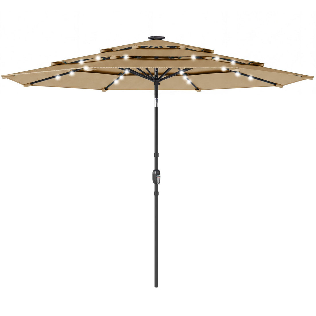 Outsunny 9.7 ft 3-Tier Solar LED Patio Umbrella with Tilt, Khaki