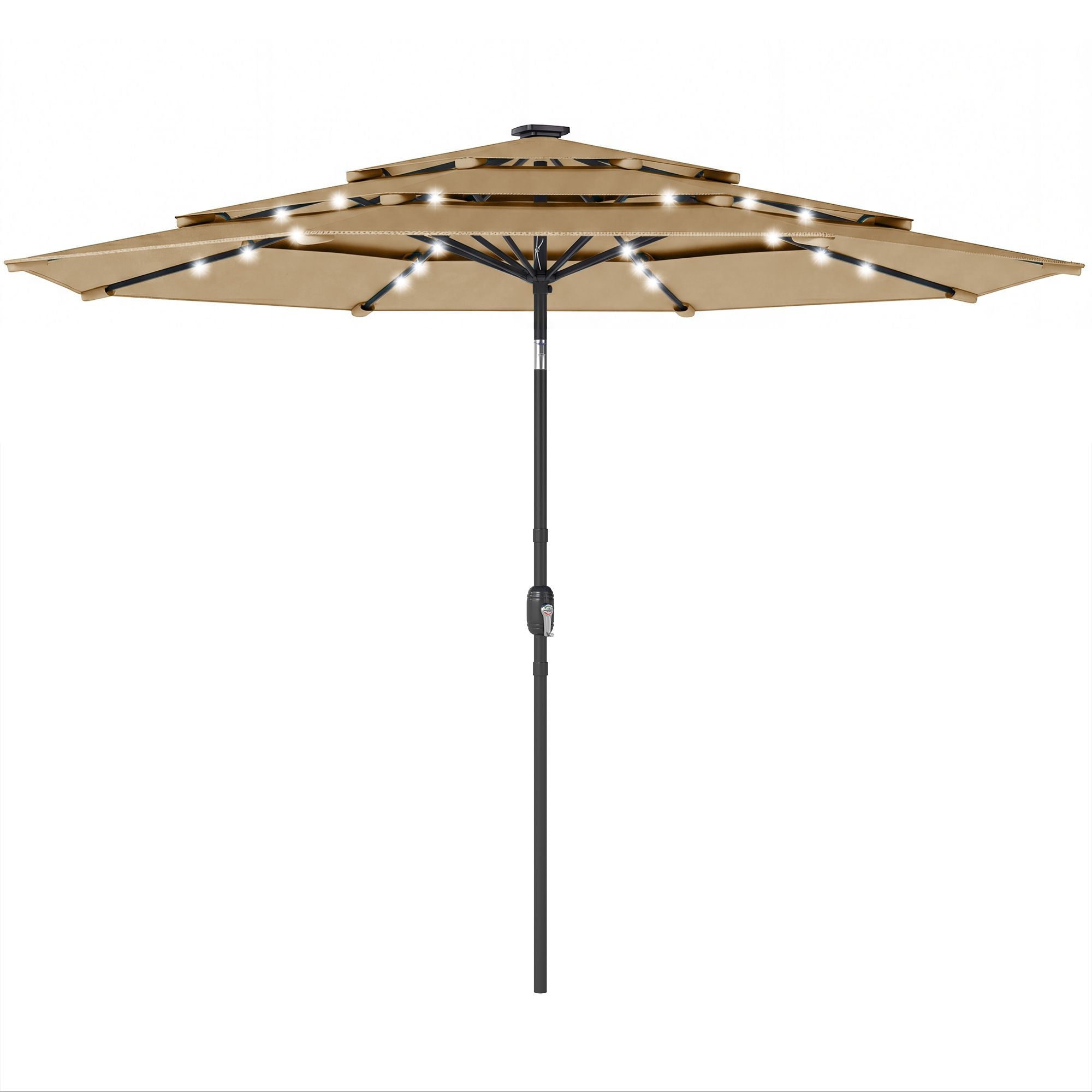 Outsunny 9.7 ft 3-Tier Solar LED Patio Umbrella with Tilt, Khaki