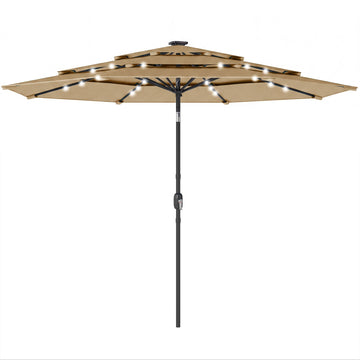 Outsunny 9.7 ft 3-Tier Solar LED Patio Umbrella with Tilt, Khaki