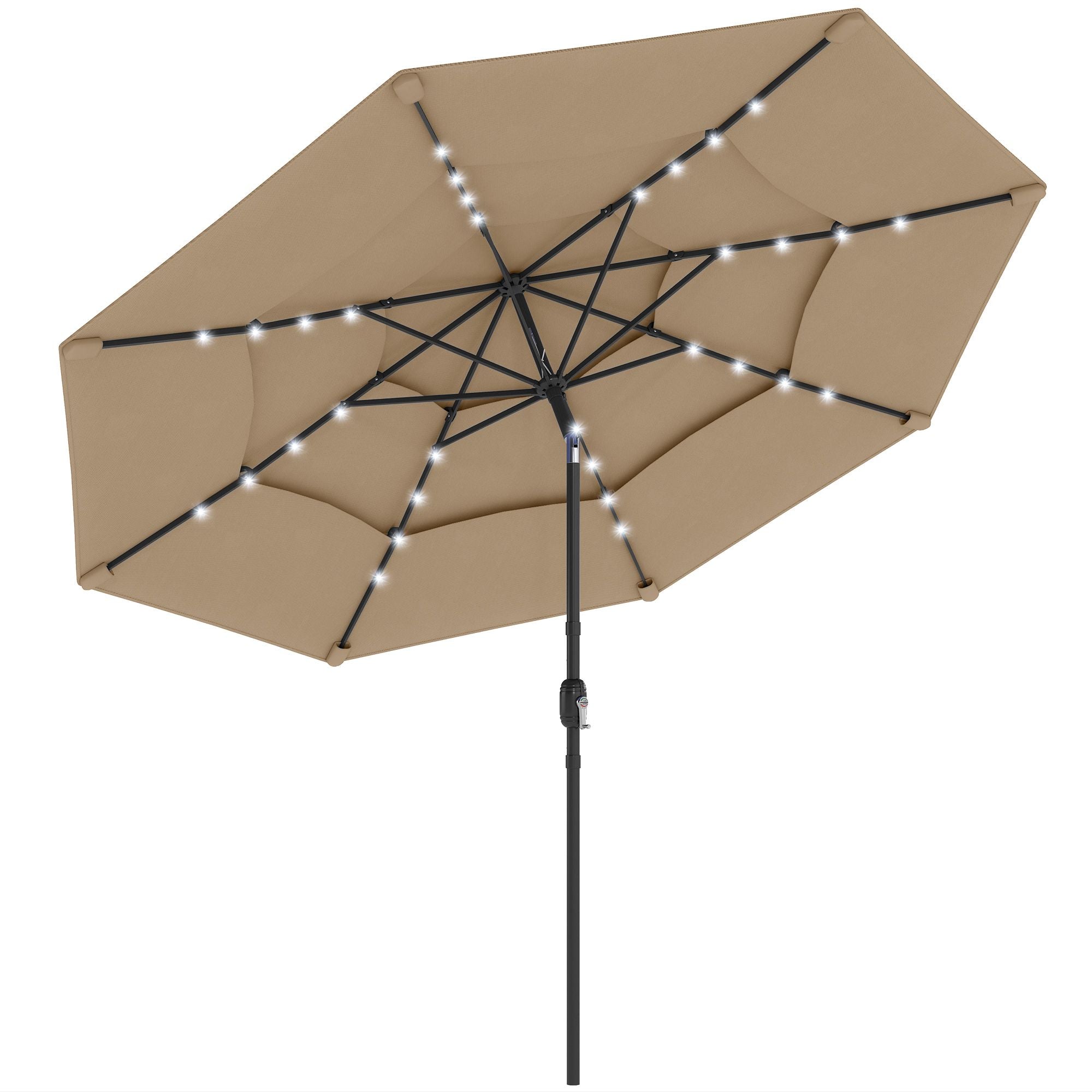 Outsunny 9.7 ft 3-Tier Solar LED Patio Umbrella with Tilt, Khaki