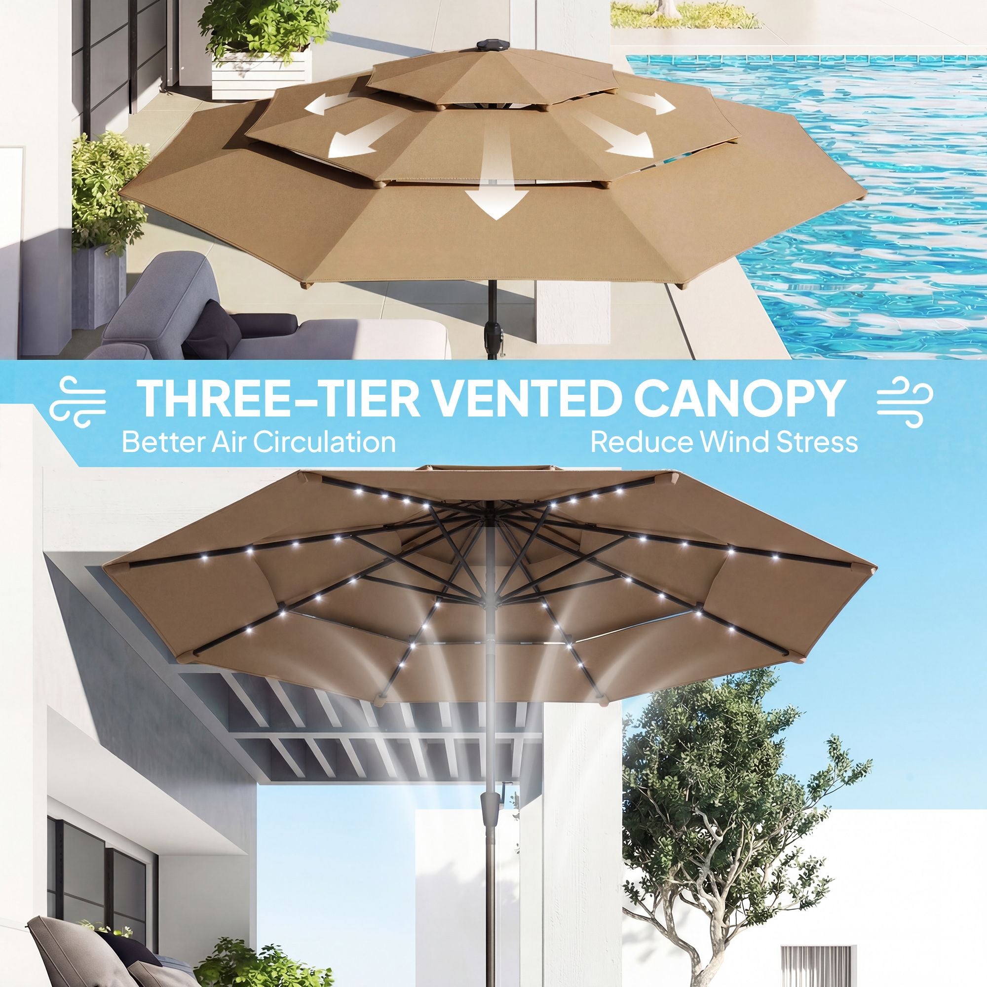 Outsunny 9.7 ft 3-Tier Solar LED Patio Umbrella with Tilt, Khaki