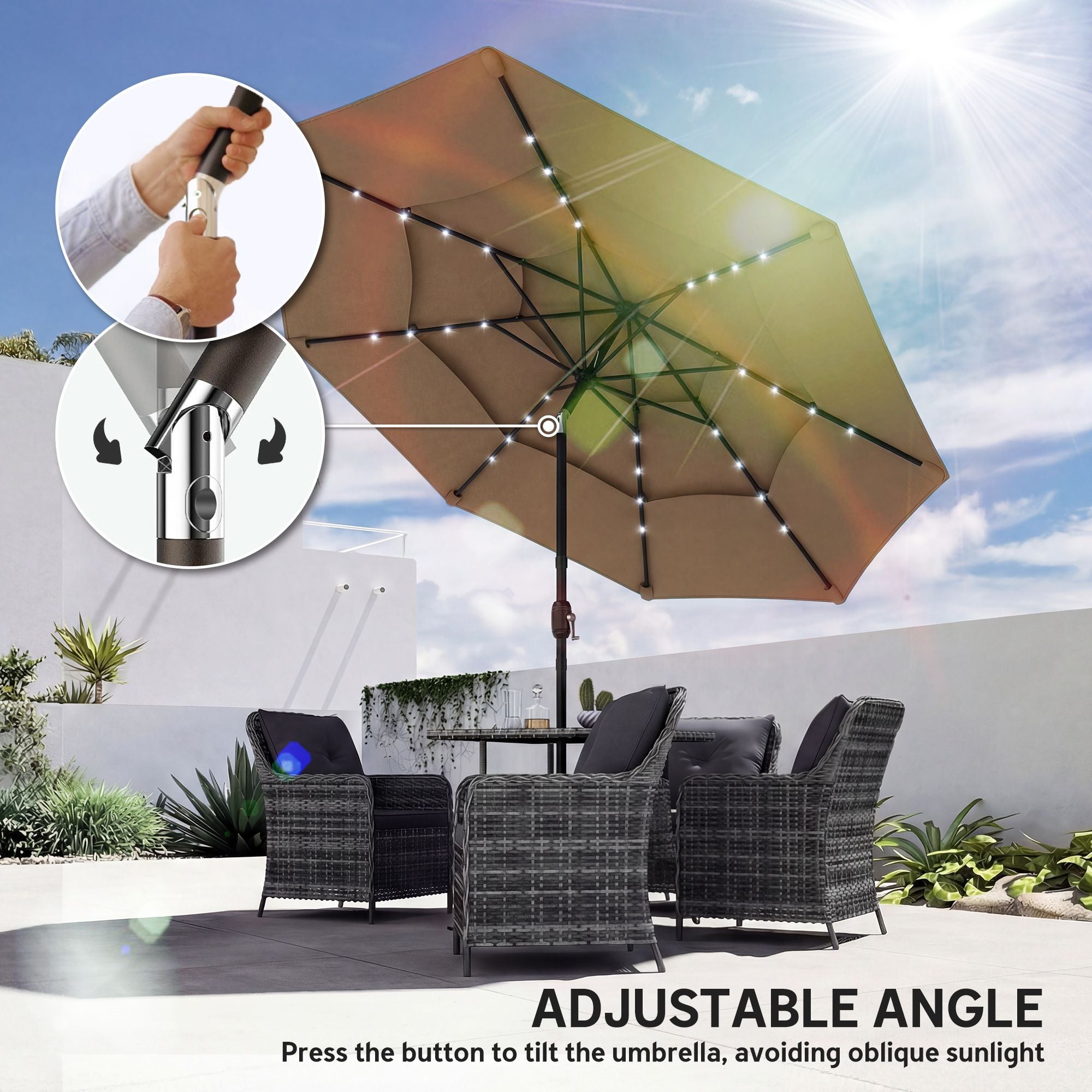 Outsunny 9.7 ft 3-Tier Solar LED Patio Umbrella with Tilt, Khaki