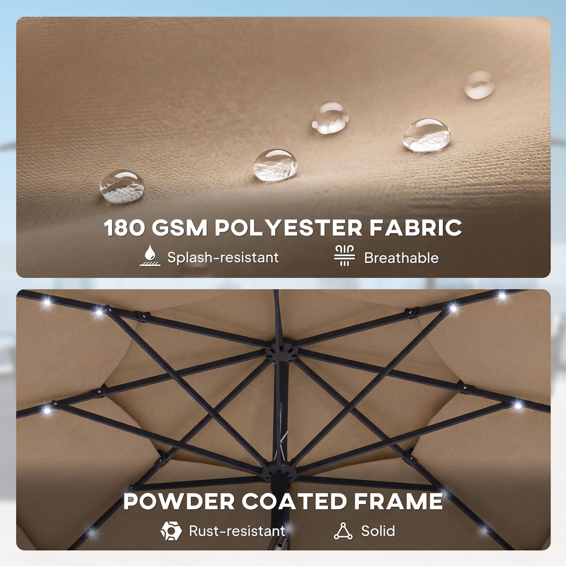 Outsunny 9.7 ft 3-Tier Solar LED Patio Umbrella with Tilt, Khaki