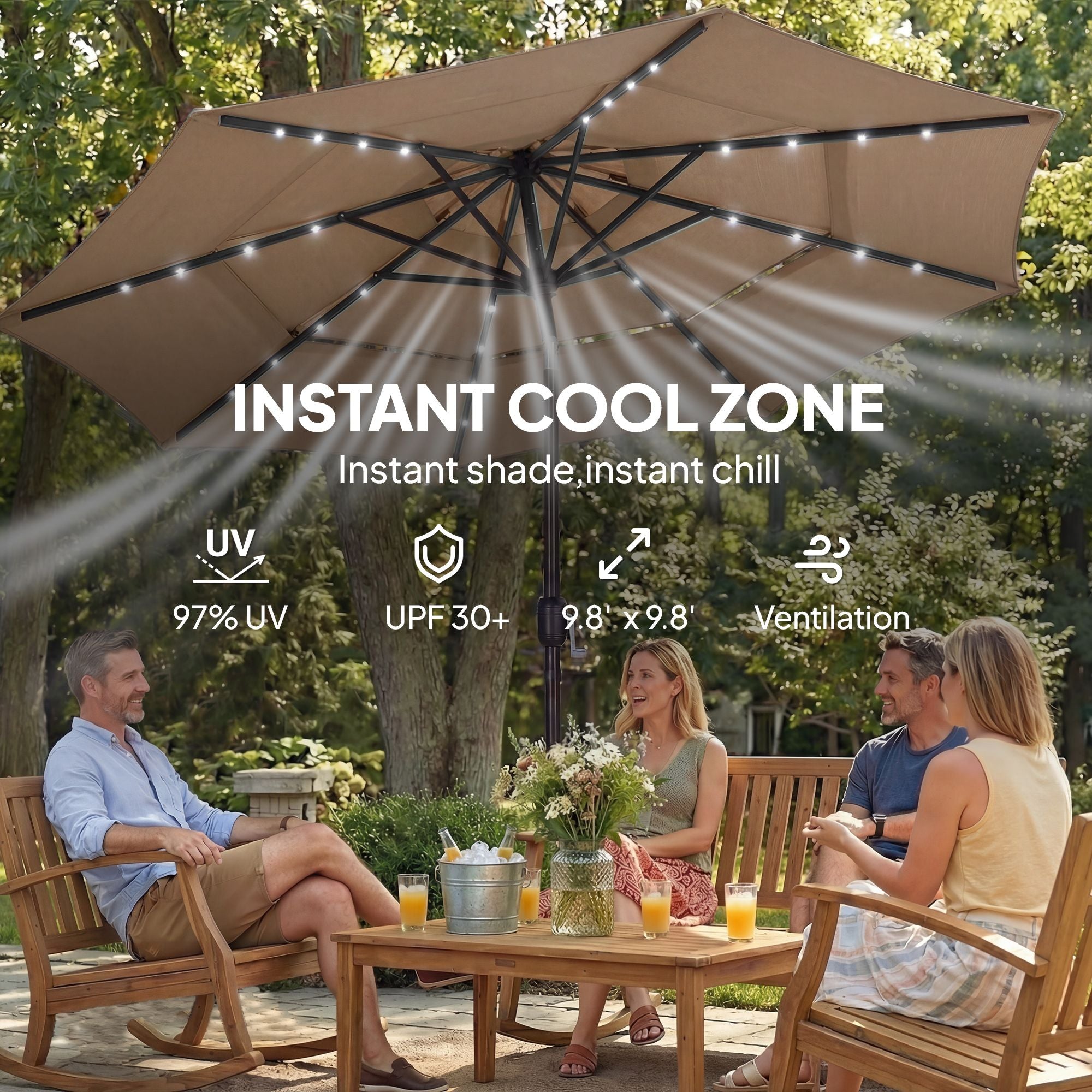 Outsunny 9.7 ft 3-Tier Solar LED Patio Umbrella with Tilt, Khaki