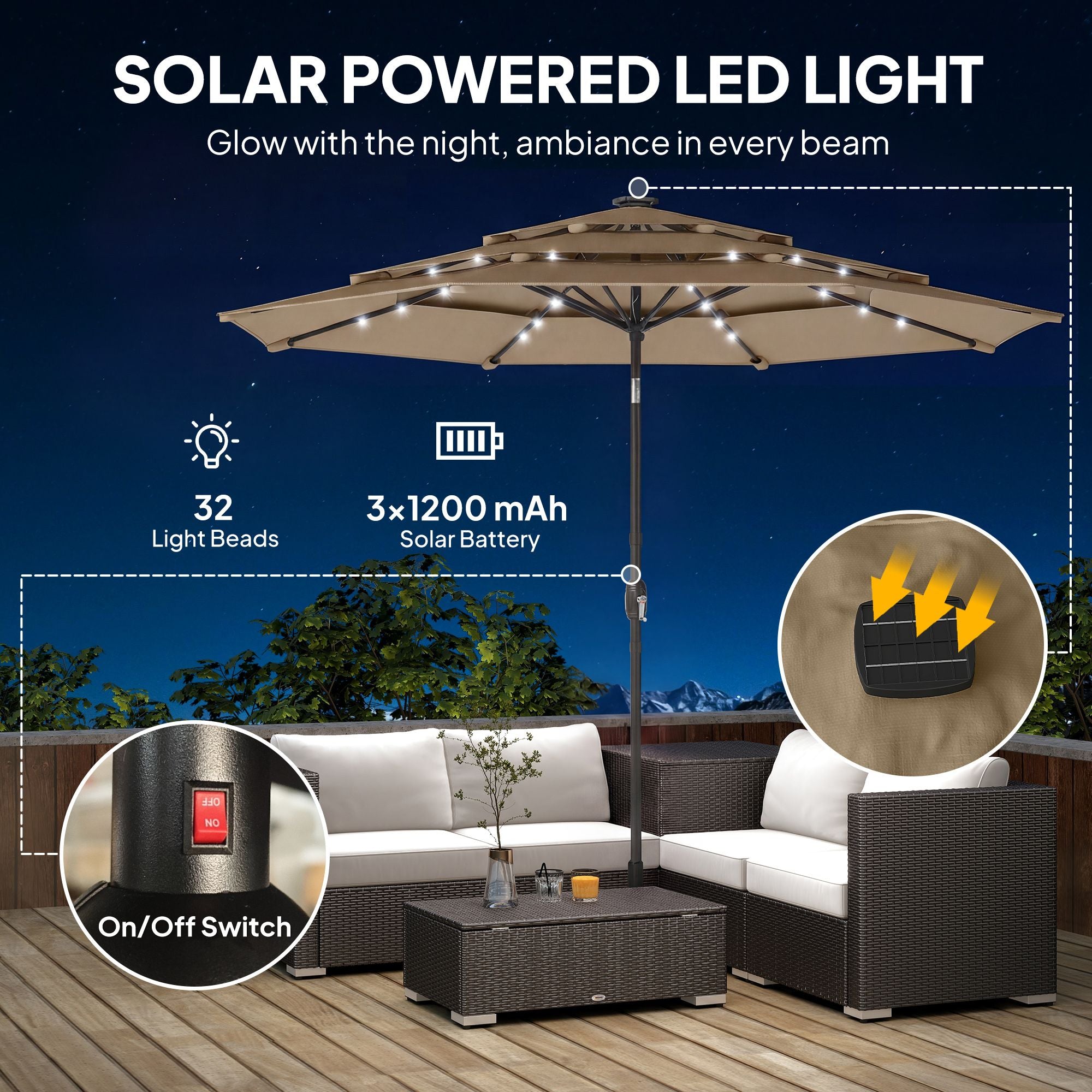 Outsunny 9.7 ft 3-Tier Solar LED Patio Umbrella with Tilt, Khaki