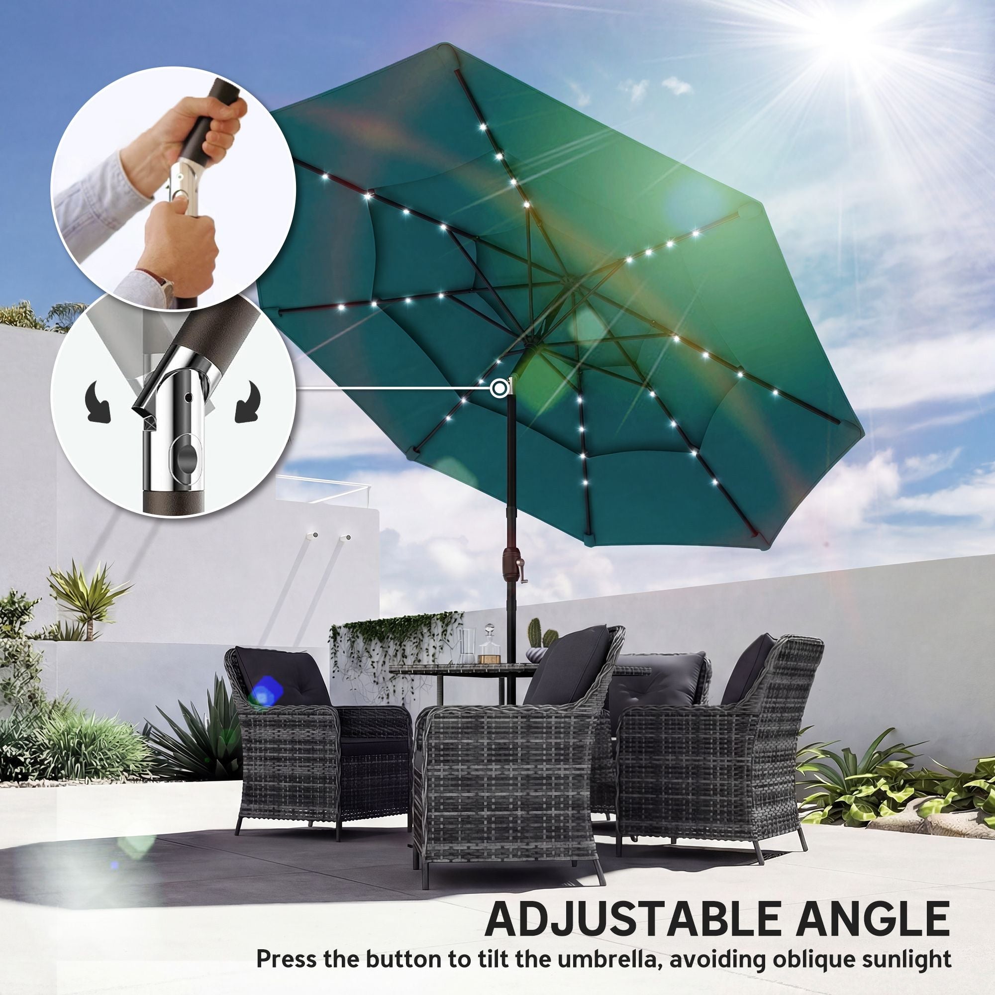 Outsunny 9.7 ft Solar LED Patio Umbrella, Teal