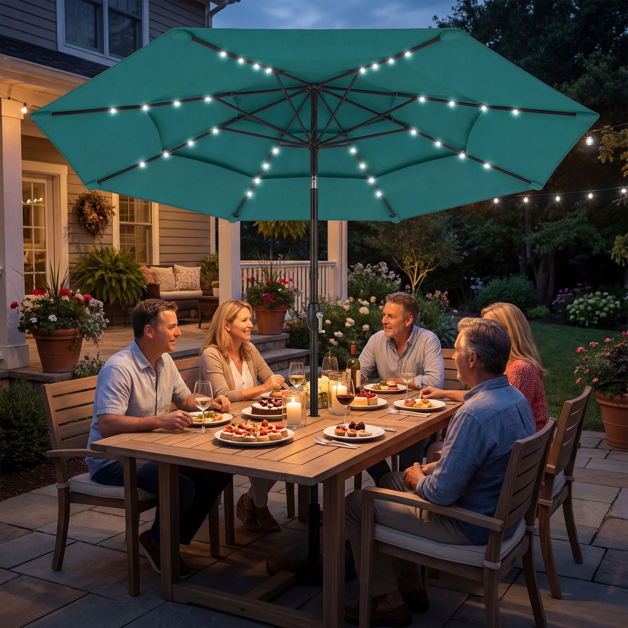 Outsunny 9.7 ft Solar LED Patio Umbrella, Teal
