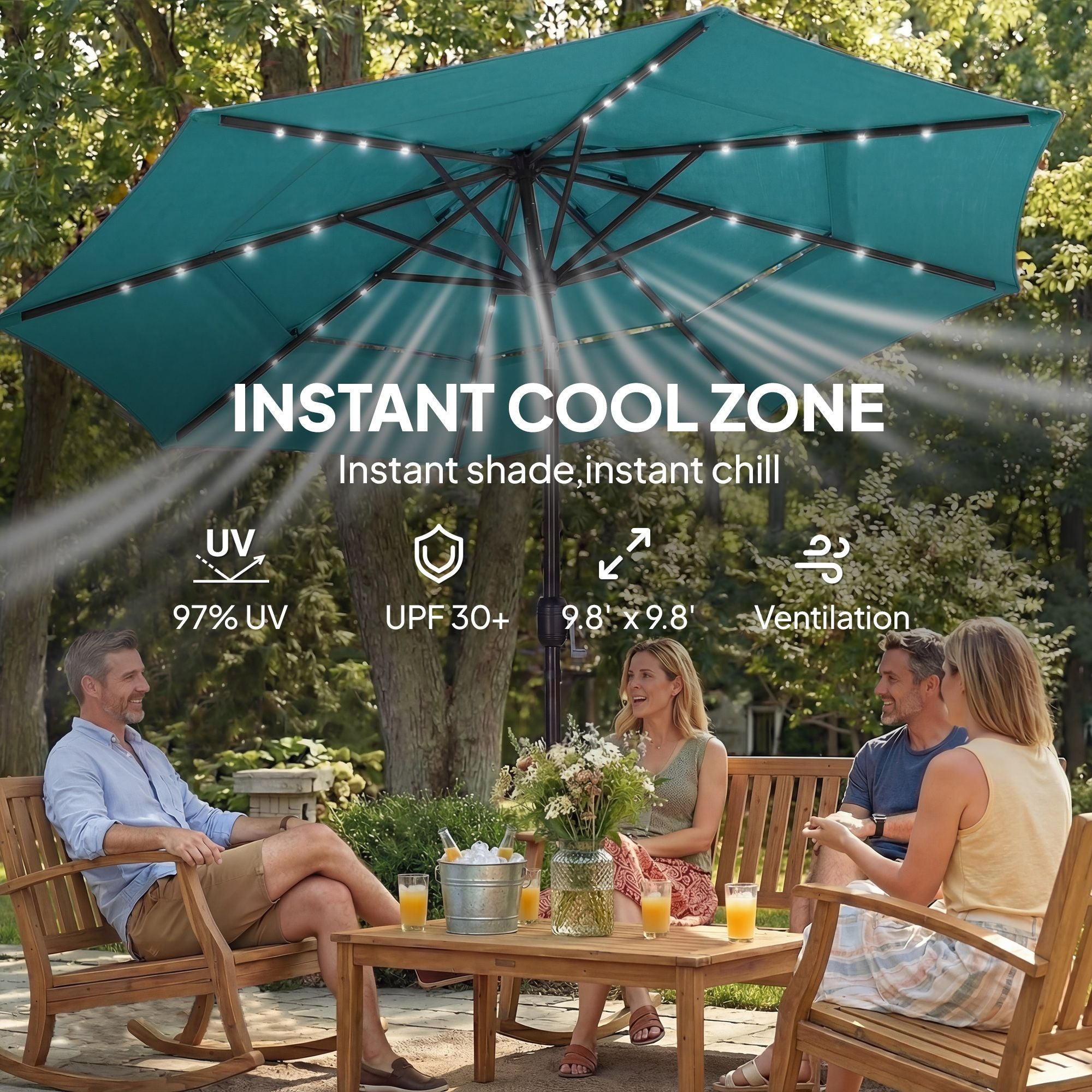 Outsunny 9.7 ft Solar LED Patio Umbrella, Teal